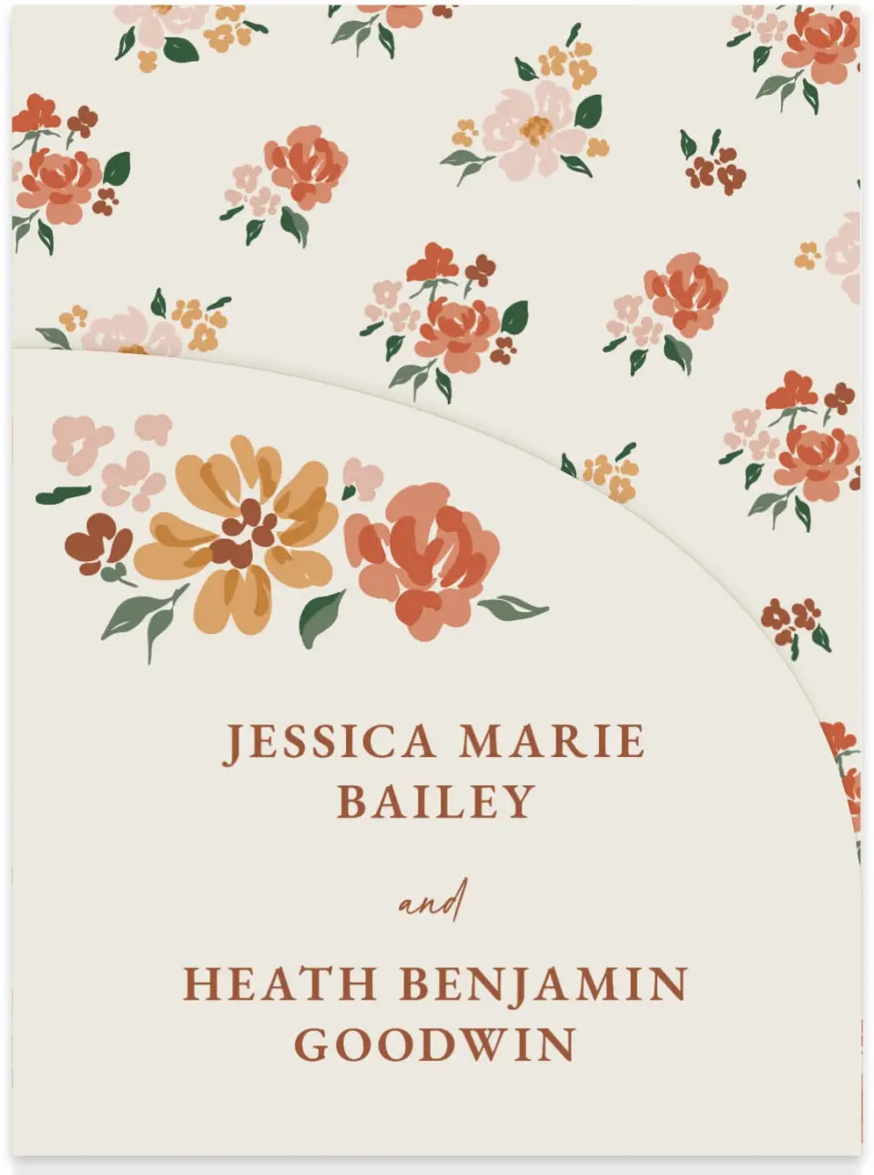 This is a 5¼" x 7.125" Folded Stacked Wedding Invitation called Plush Petals printed in full color with Gold foil on Luxe Satin (coated) paper