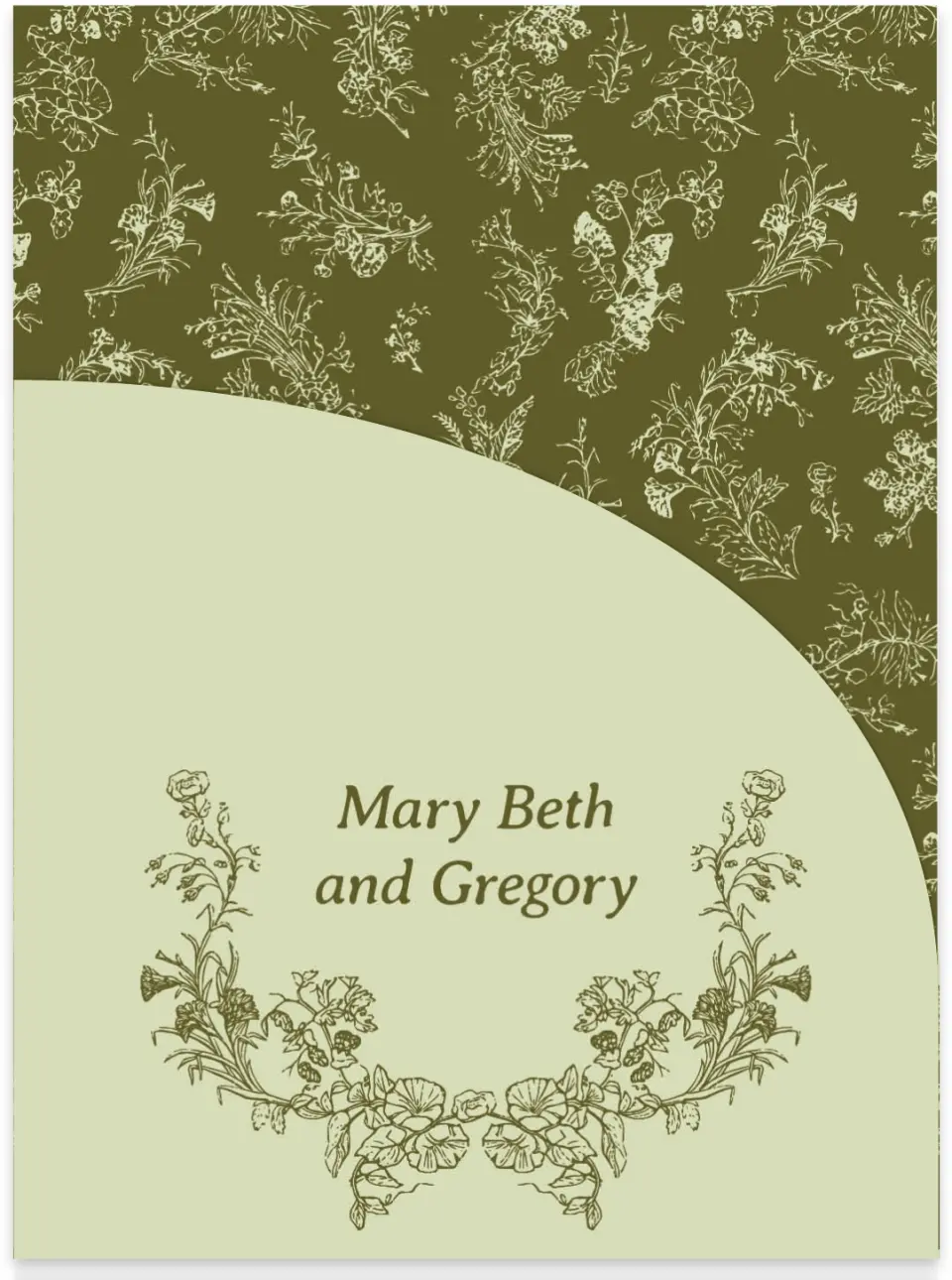 This is a 5¼" x 7.125" Folded Stacked Wedding Invitation called Vintage Chinoiserie printed in full color with Gold foil on Luxe Satin (coated) paper