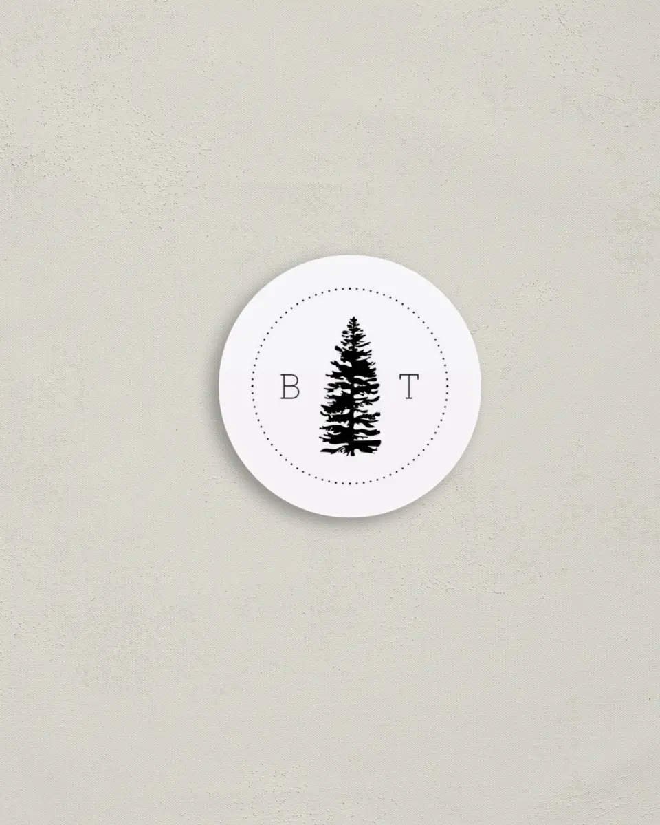 This is a 2" circle Envelope Seal called Splendid Pines printed in full color