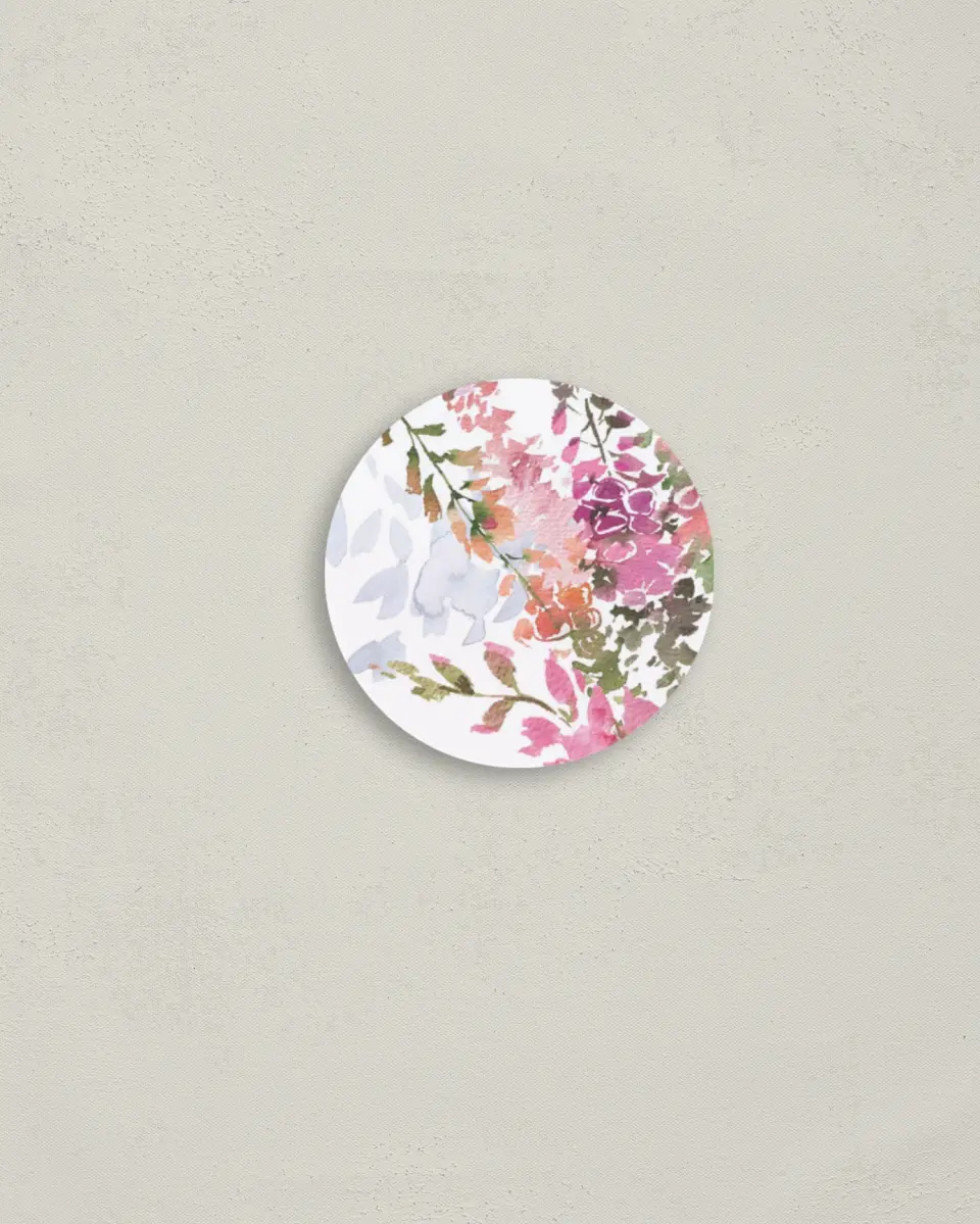 This is a 2" circle Envelope Seal called Blushing Bouquet printed in full color