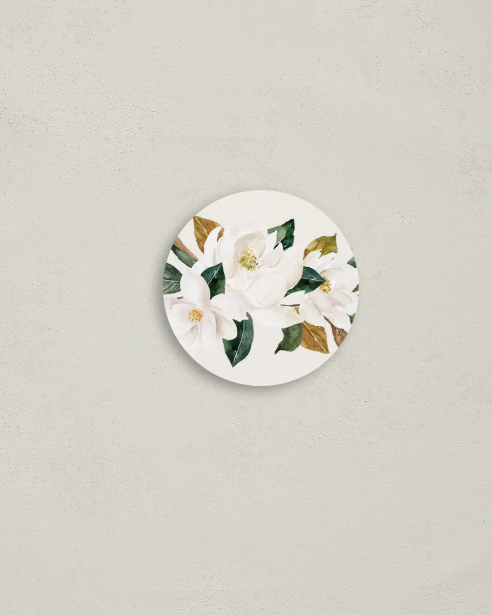 This is a 2" circle Envelope Seal called Soft Magnolia printed in full color
