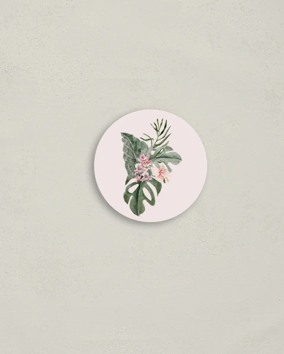 This is a 2" circle Bachelorette Party Accessorie called Idyllic Island printed in full color
