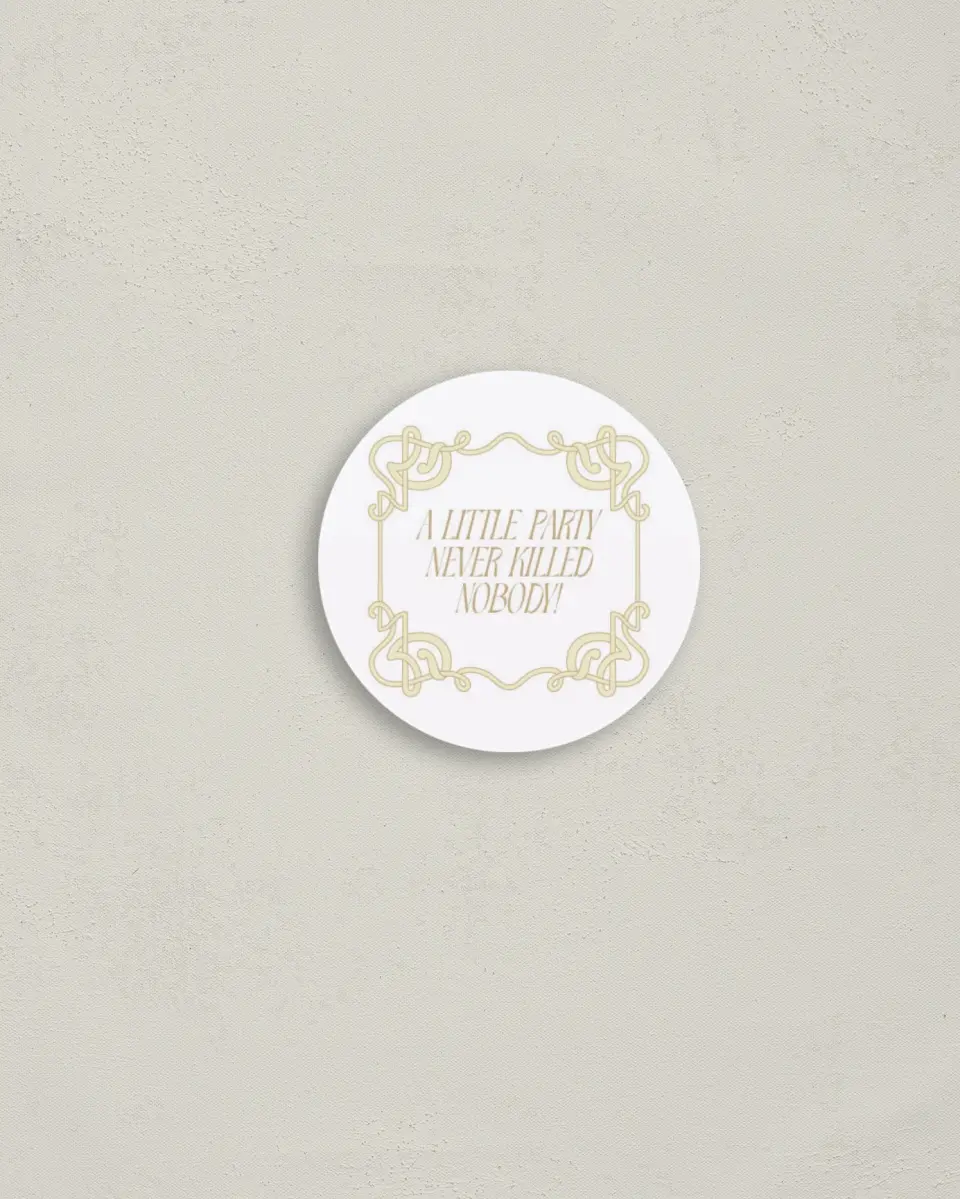 This is a 2" circle Bachelorette Party Accessorie called Gatsby and The Girls printed in full color