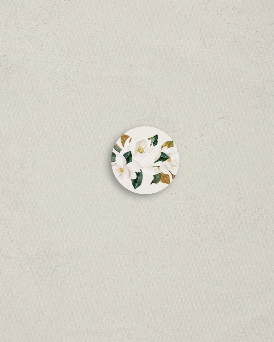 This is a 1¼" circle Envelope Seal called Soft Magnolia printed in full color