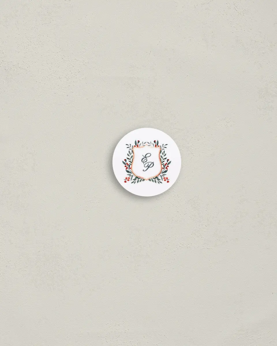 This is a 1¼" circle Envelope Seal called Heirloom Holly printed in full color
