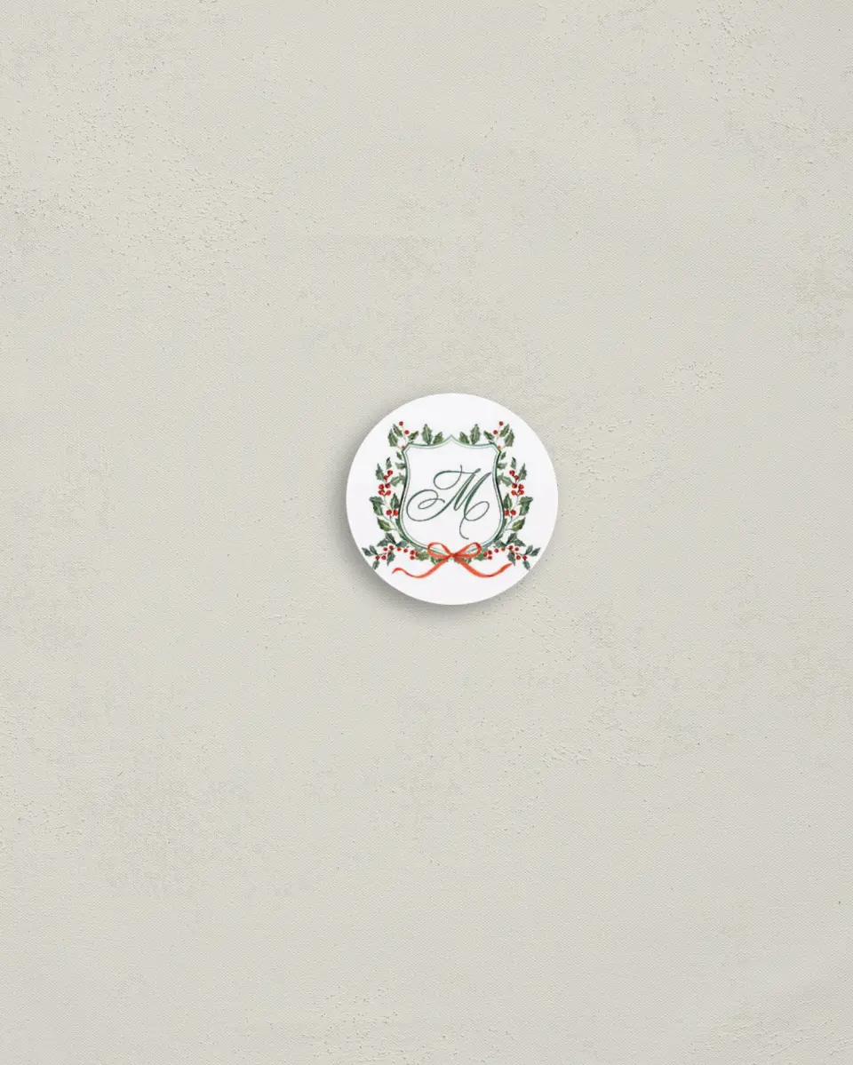 This is a 1¼" circle Envelope Seal called Newlywed Crest printed in full color