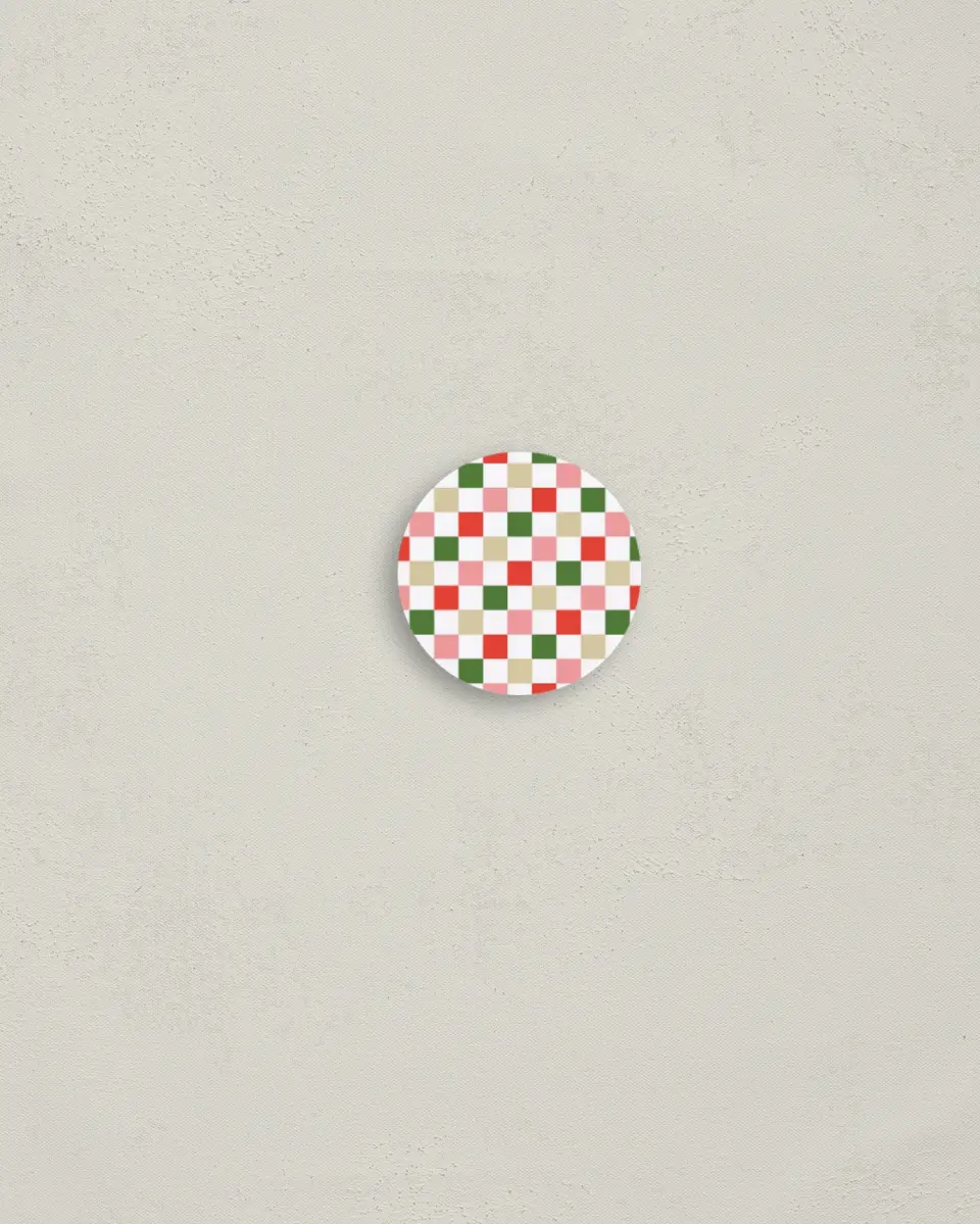 This is a 1¼" circle Envelope Seal called Merry Check printed in full color