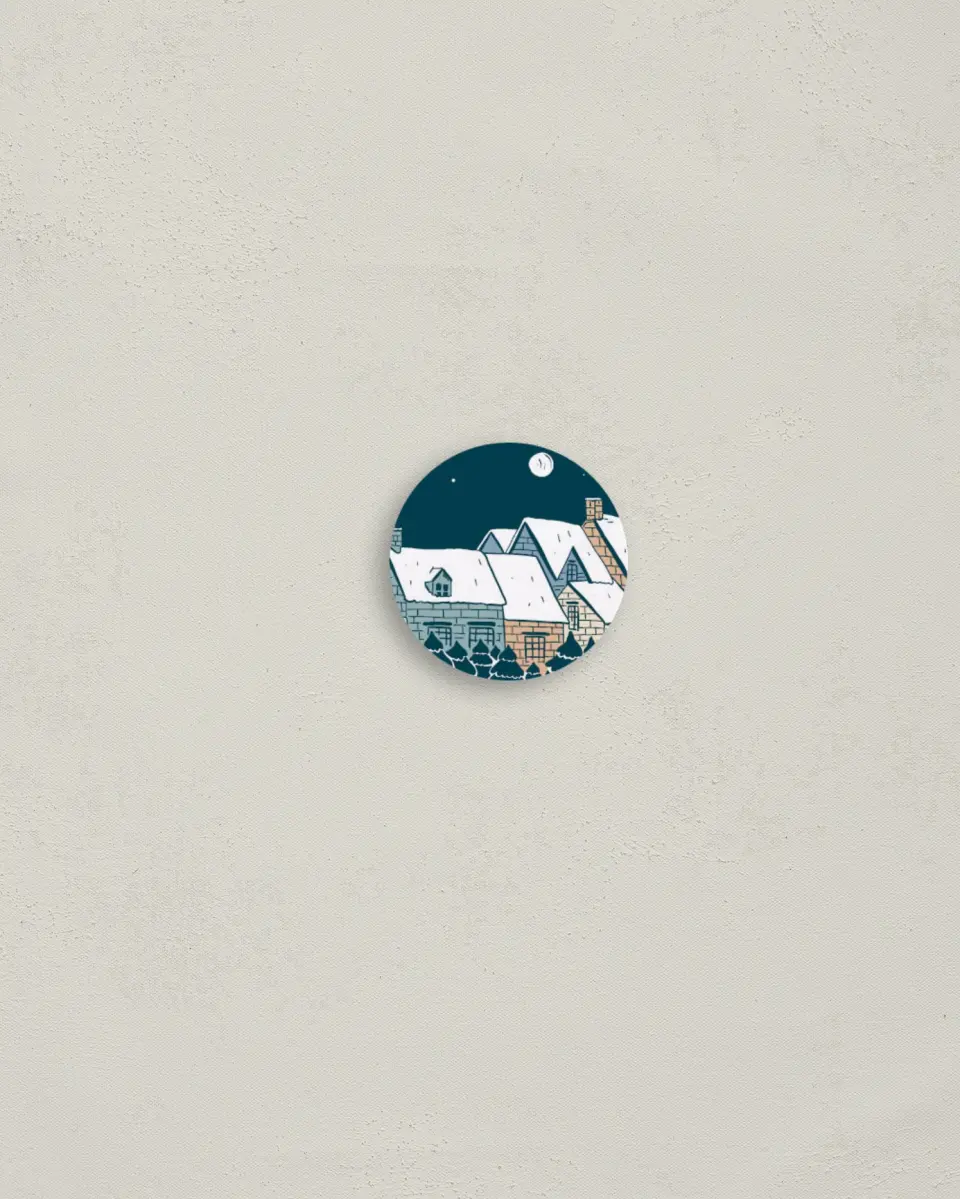 This is a 1¼" circle Envelope Seal called Snow-Covered Neighborhood printed in full color