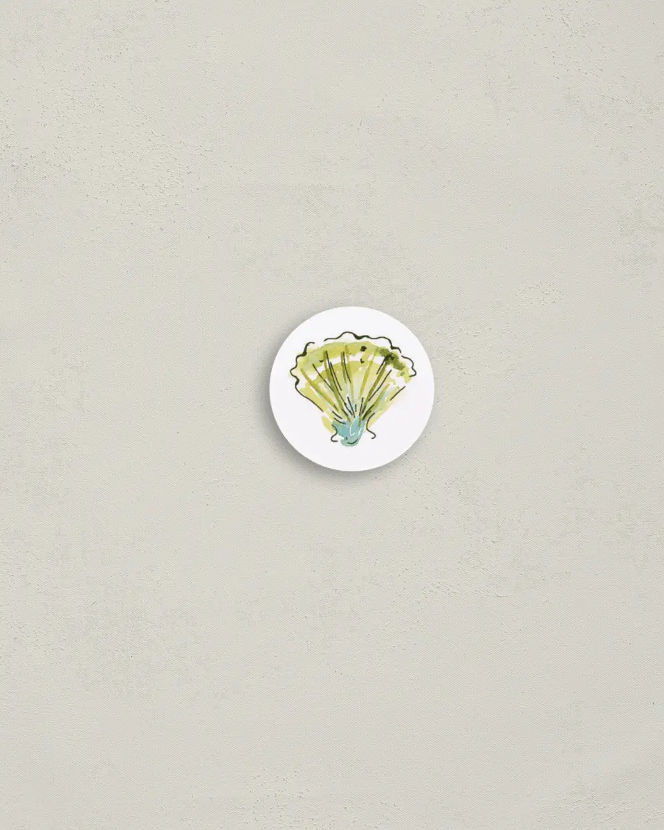 This is a 1¼" circle Envelope Seal called Whimsical Shells printed in full color