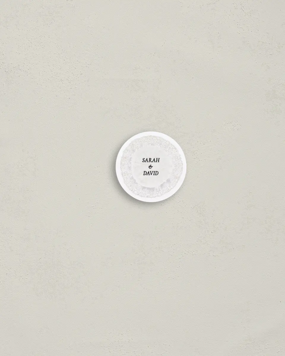 This is a 1¼" circle Envelope Seal called Trimmed Lace printed in full color