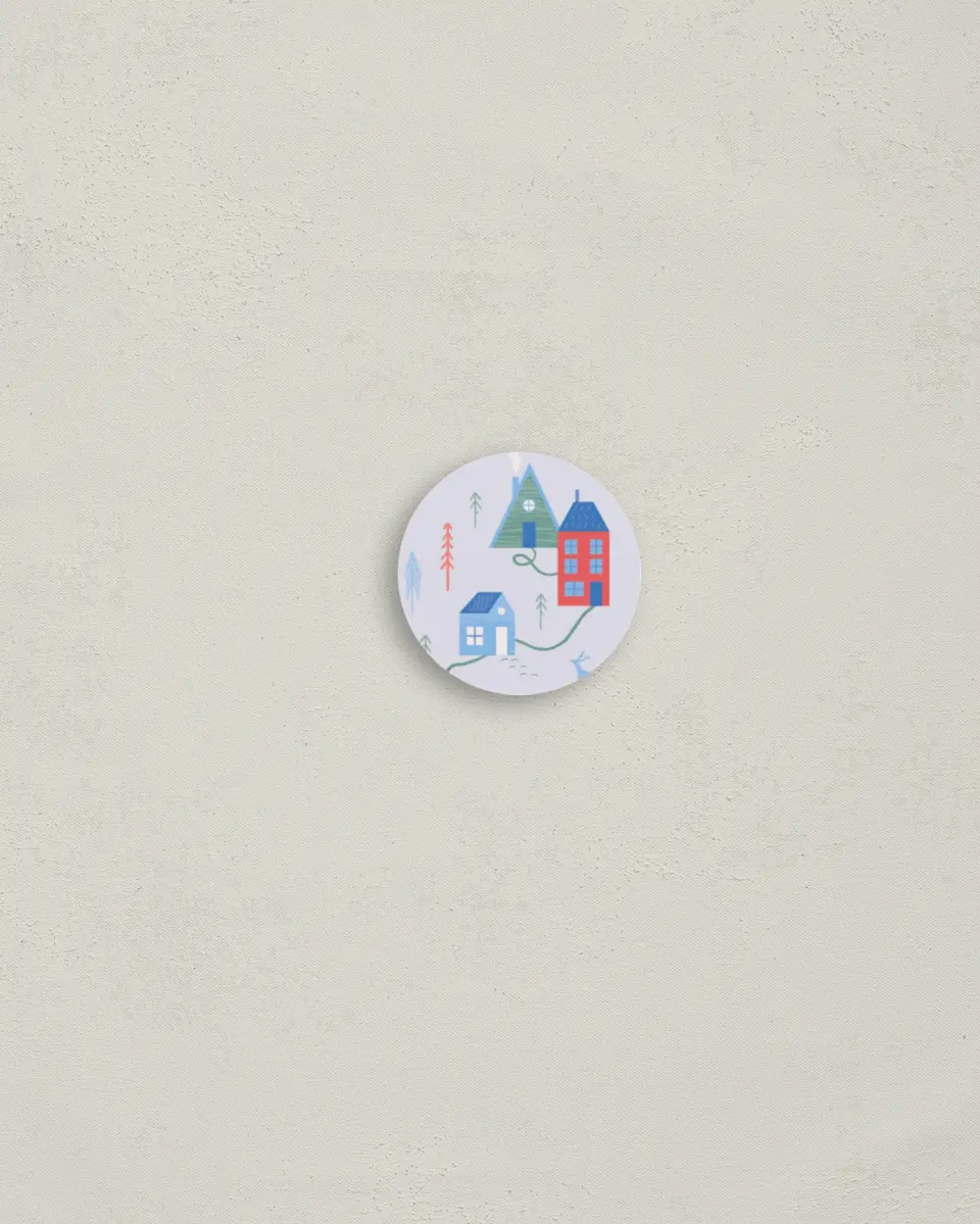 This is a 1¼" circle Envelope Seal called Cheerful Homes printed in full color