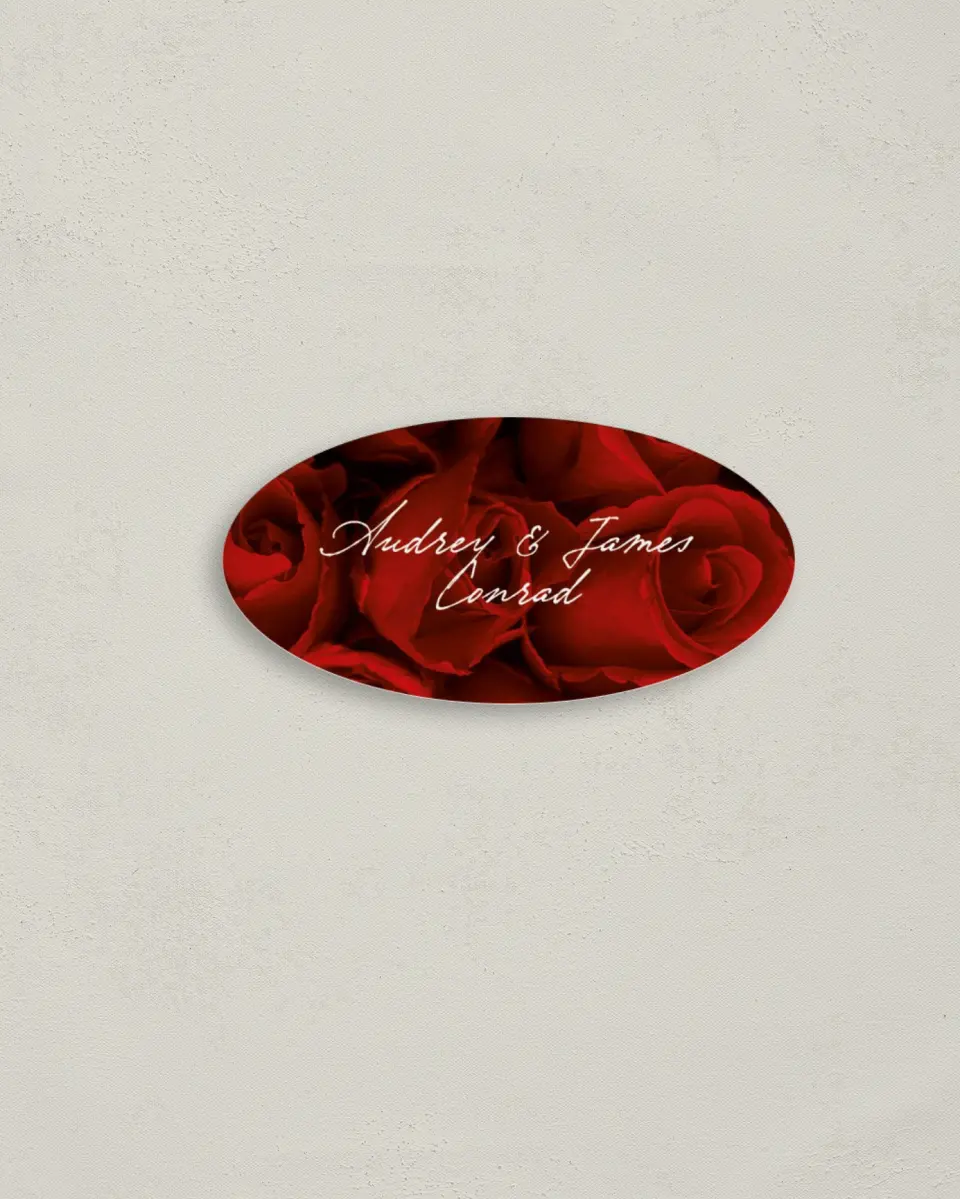 This is a 3" x 1½" Envelope Seal called Dramatic Roses printed in full color