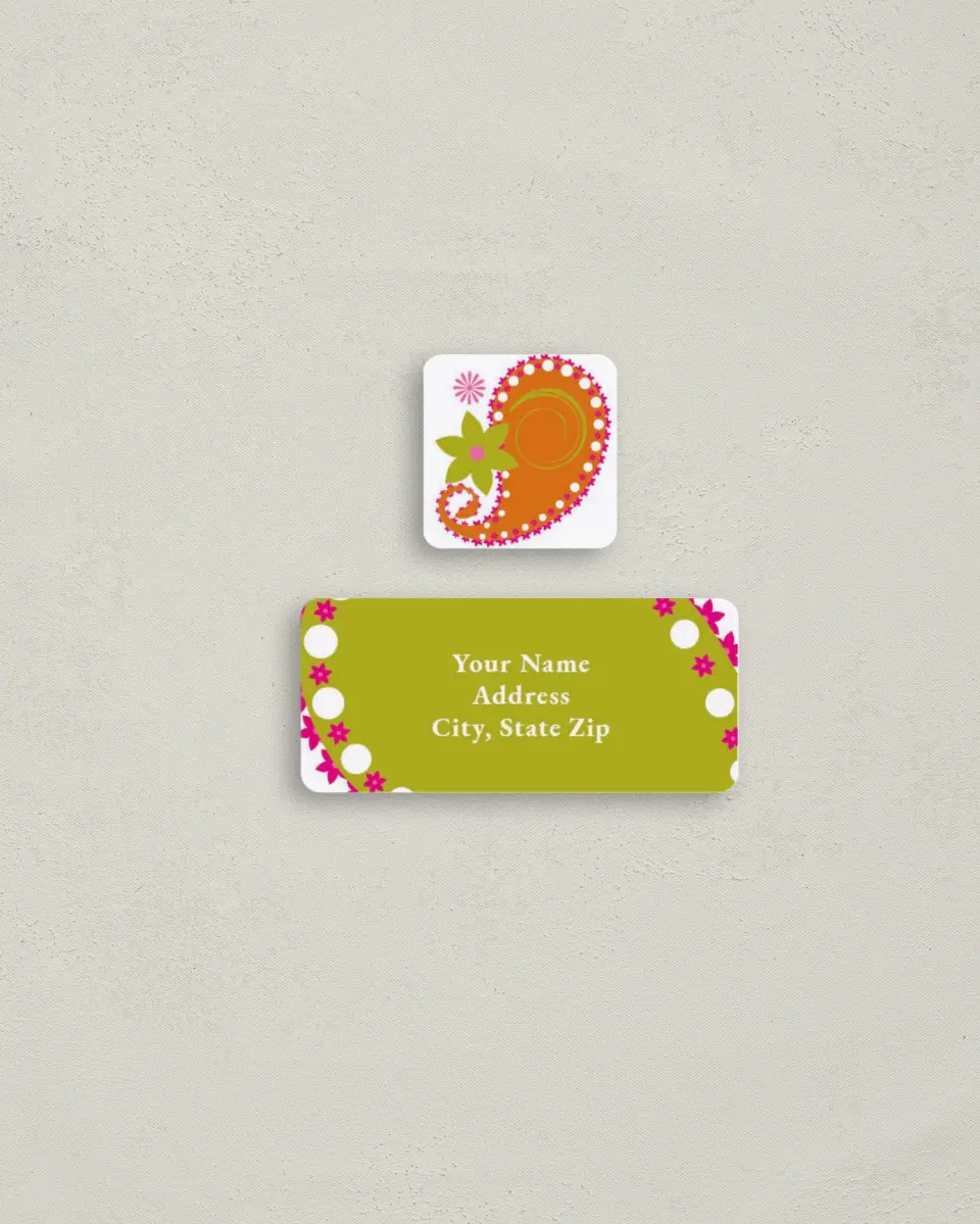 This is a 2¼" x 1" Labels; 1" x 1" Seals Return Address Label called Christmas Paisley printed in full color
