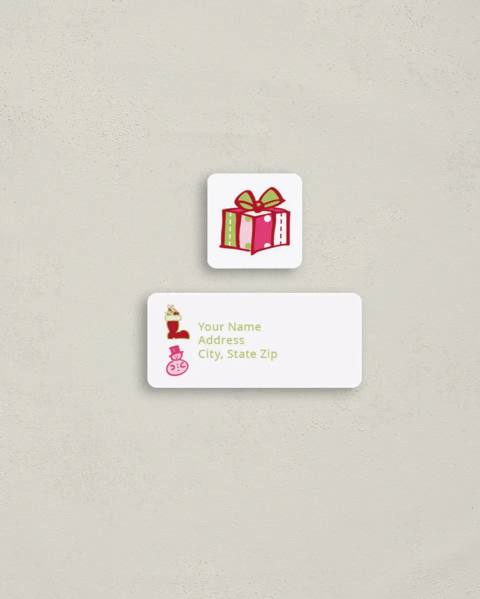 This is a 2¼" x 1" Labels; 1" x 1" Seals Return Address Label called Christmas Presents printed in full color