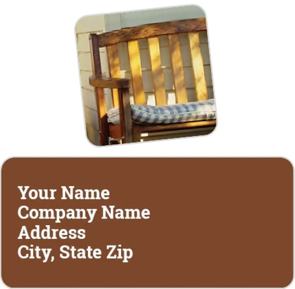 This is a 2¼" x 1" Labels; 1" x 1" Seals Return Address Label called Bench on Porch printed in full color