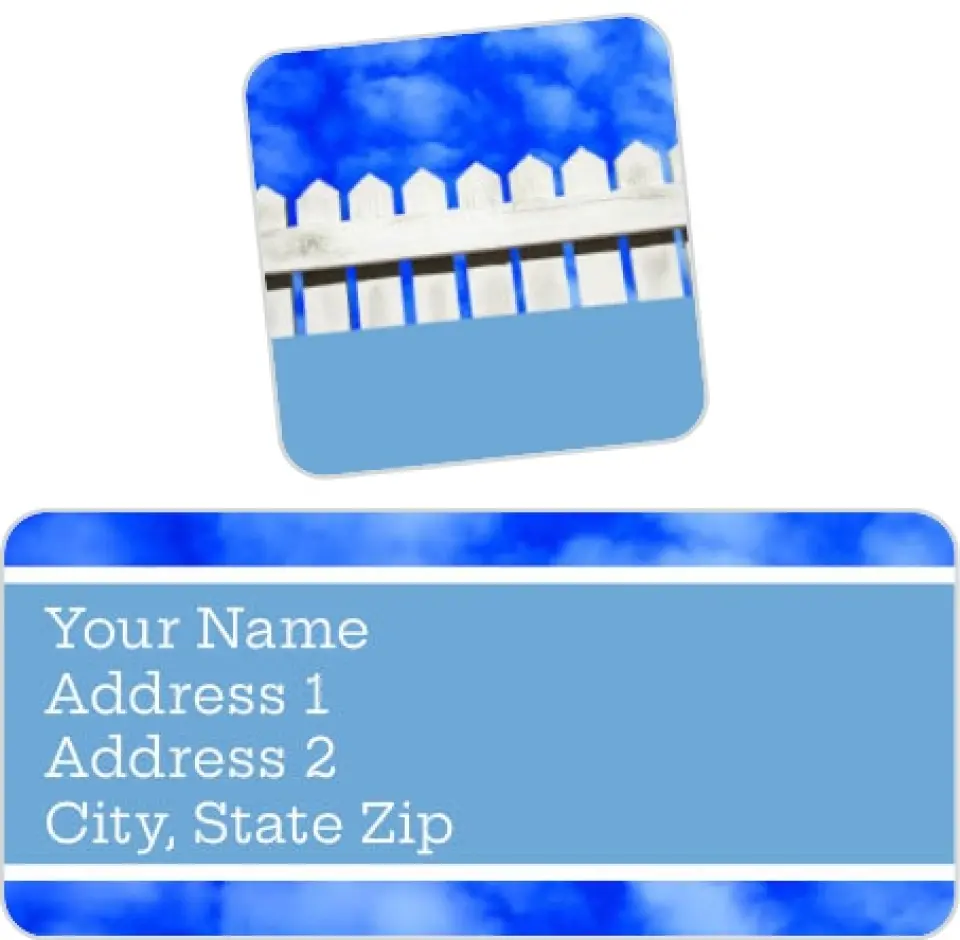 This is a 2¼" x 1" Labels; 1" x 1" Seals Return Address Label called Blue Sky & Picket Fence printed in full color