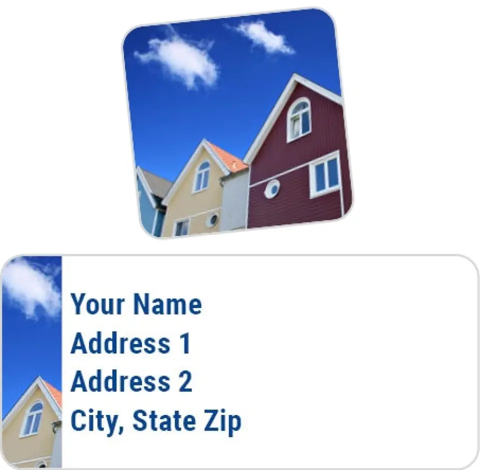 This is a 2¼" x 1" Labels; 1" x 1" Seals Return Address Label called Row of Houses printed in full color