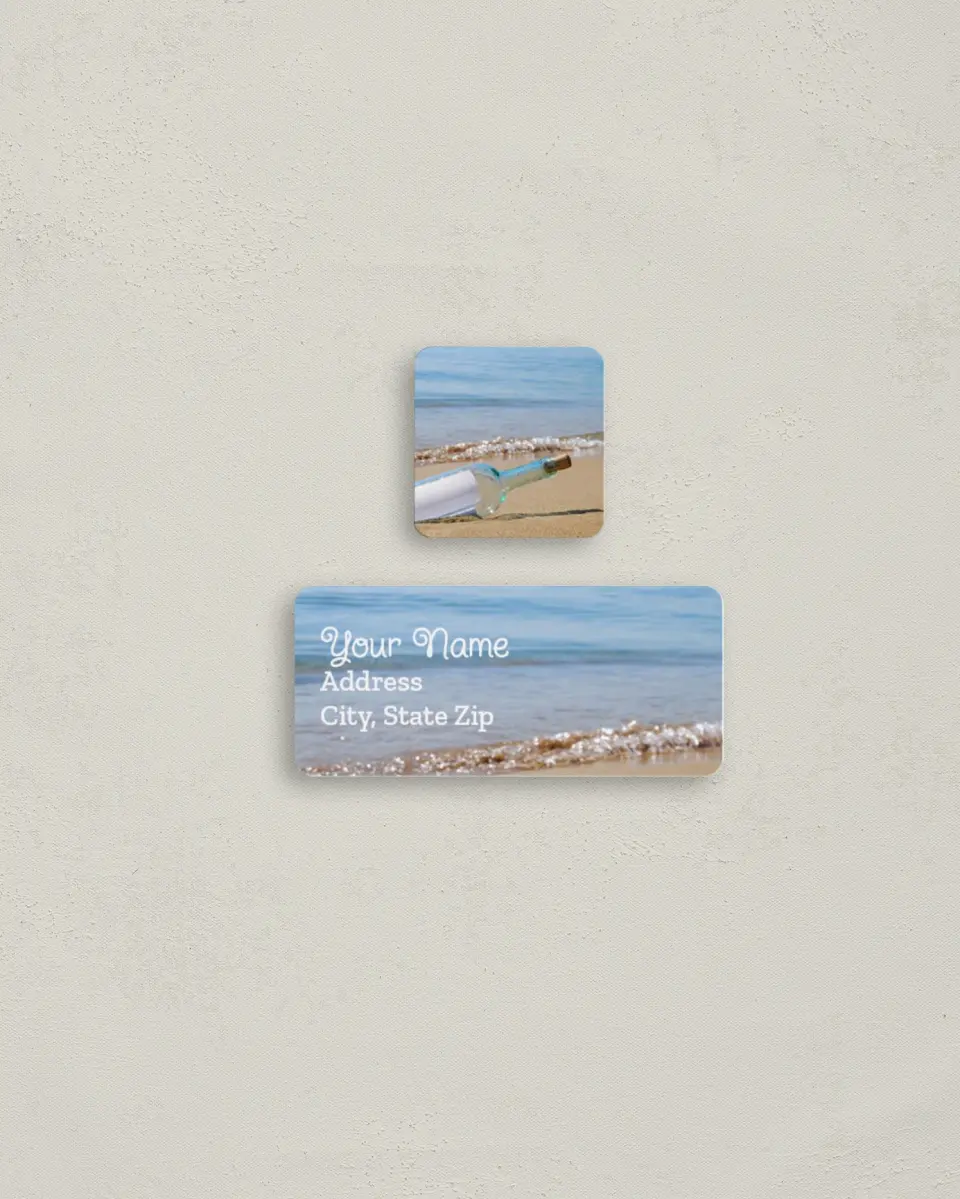This is a 2¼" x 1" Labels; 1" x 1" Seals Return Address Label called A Message in a Bottle printed in full color