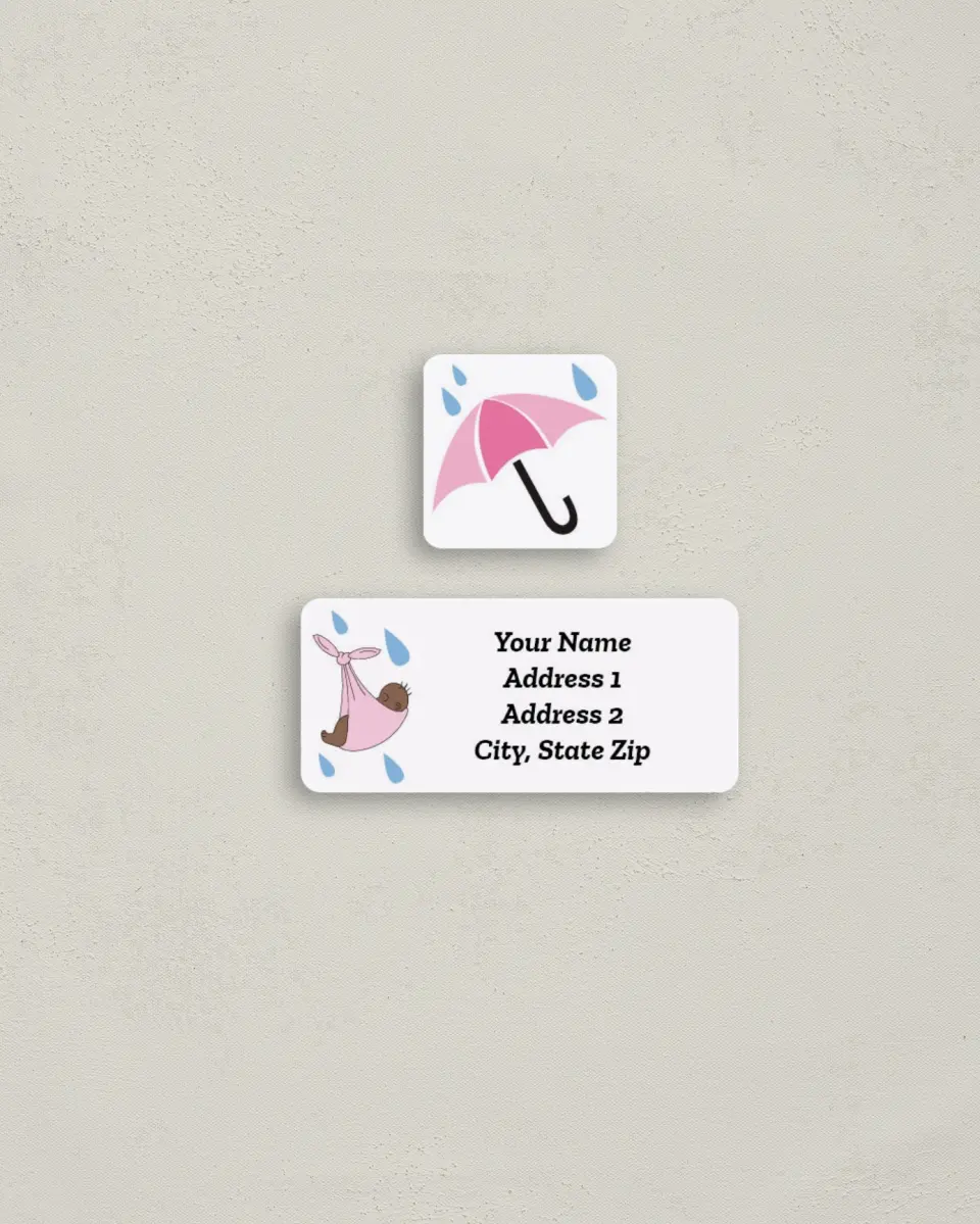 This is a 2¼" x 1" Labels; 1" x 1" Seals Return Address Label called It's Raining Babies printed in full color