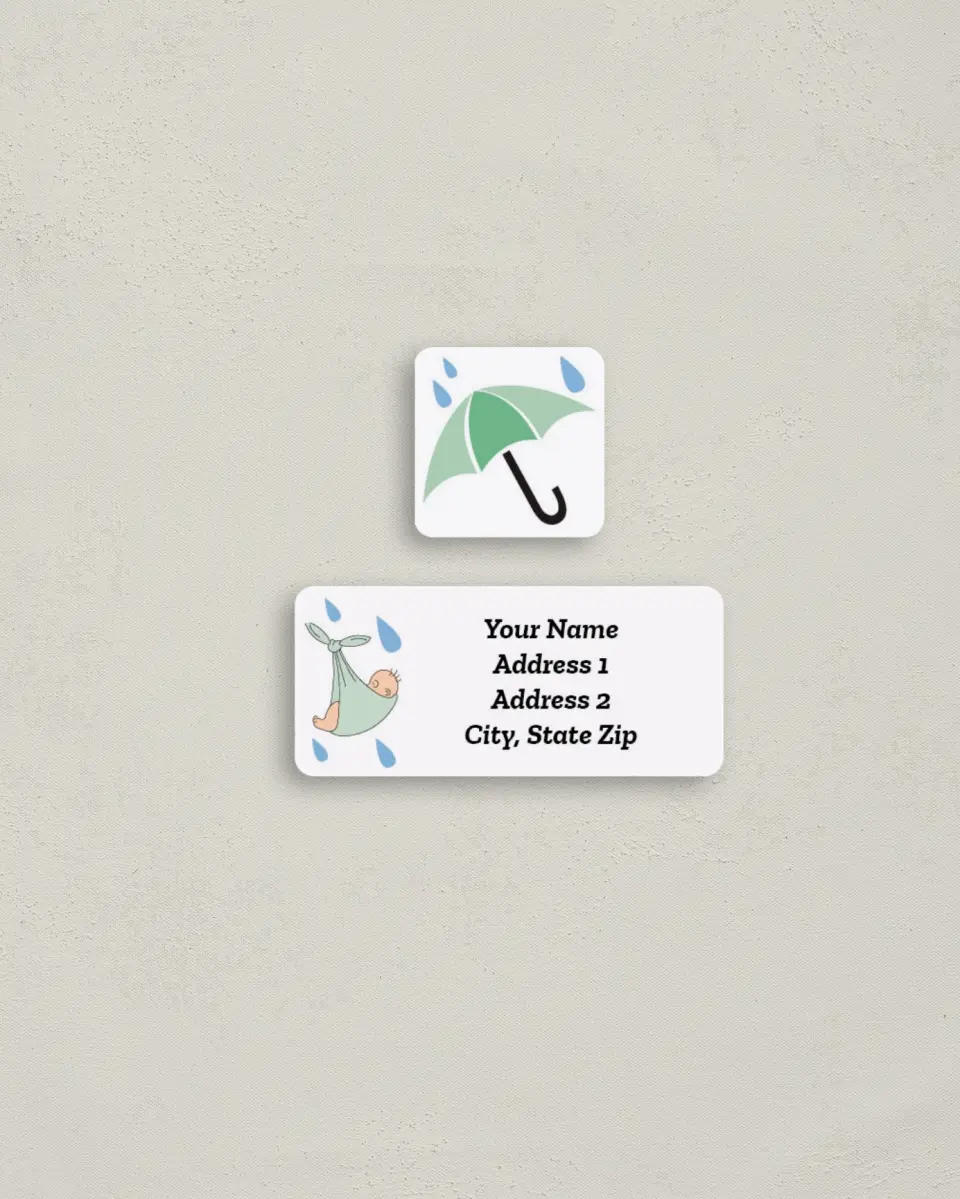This is a 2¼" x 1" Labels; 1" x 1" Seals Return Address Label called It's Raining Babies printed in full color