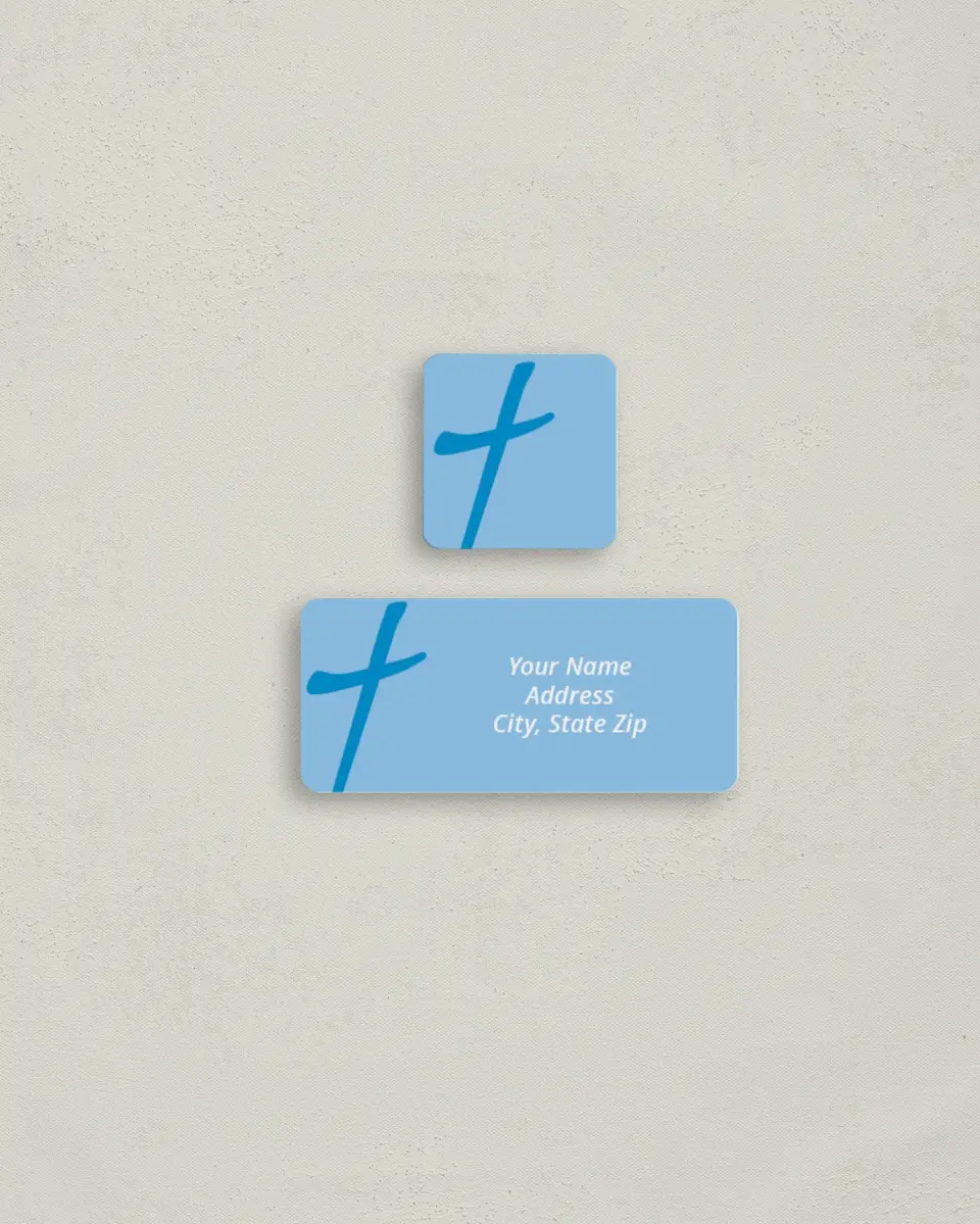 This is a 2¼" x 1" Labels; 1" x 1" Seals Return Address Label called First Cross printed in full color