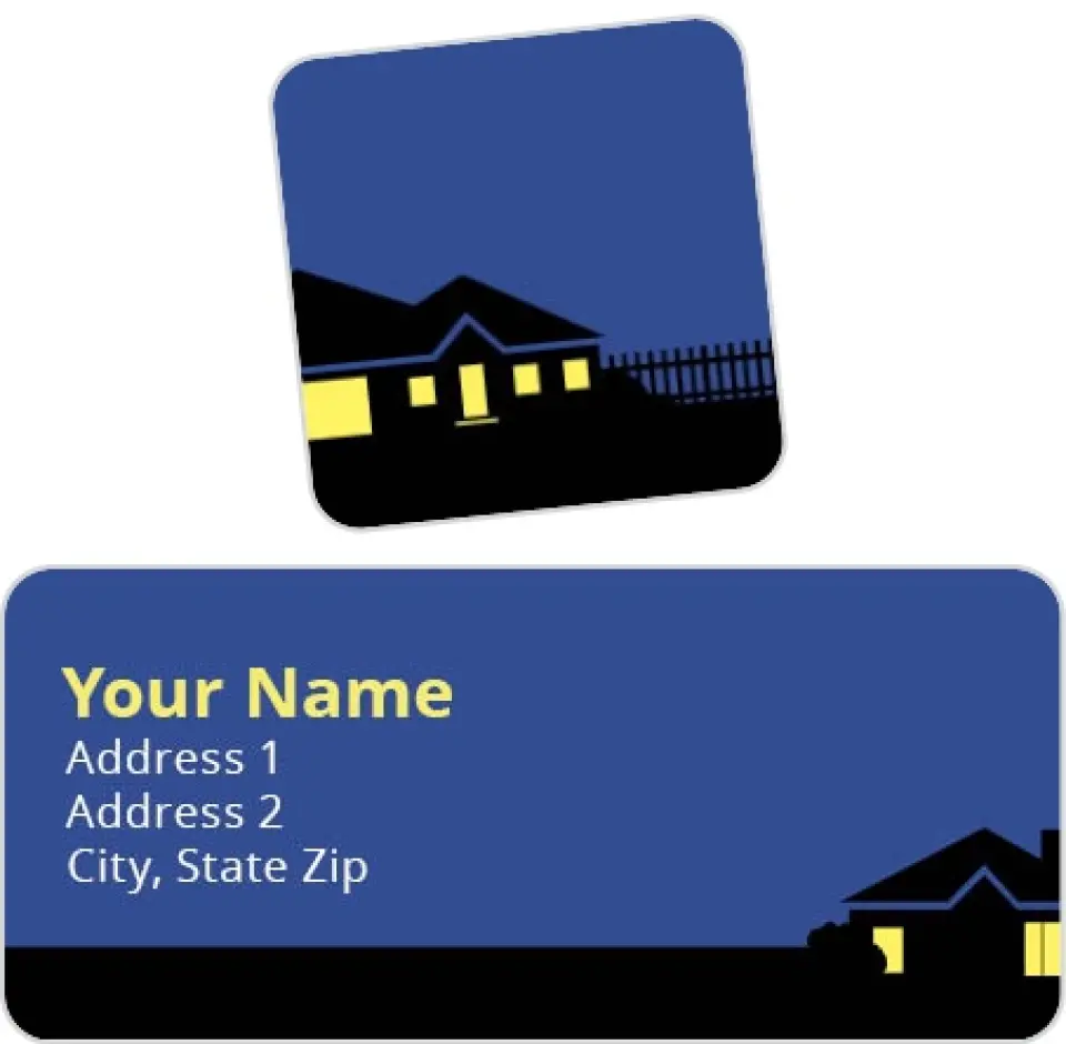 This is a 2¼" x 1" Labels; 1" x 1" Seals Return Address Label called House Silhouette, Important Dates printed in full color