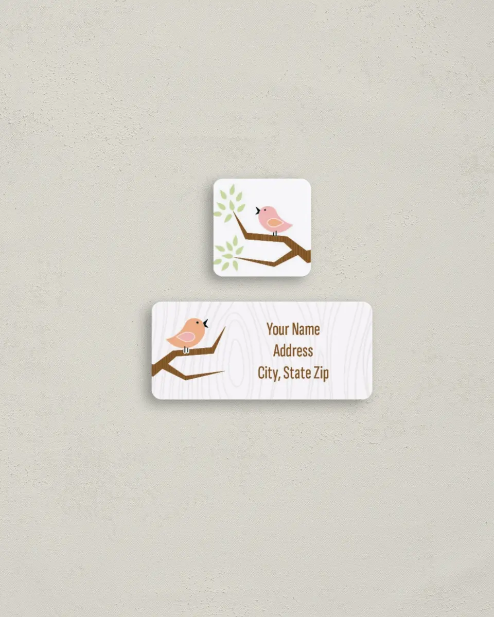 This is a 2¼" x 1" Labels; 1" x 1" Seals Return Address Label called Sweet Song Birds printed in full color