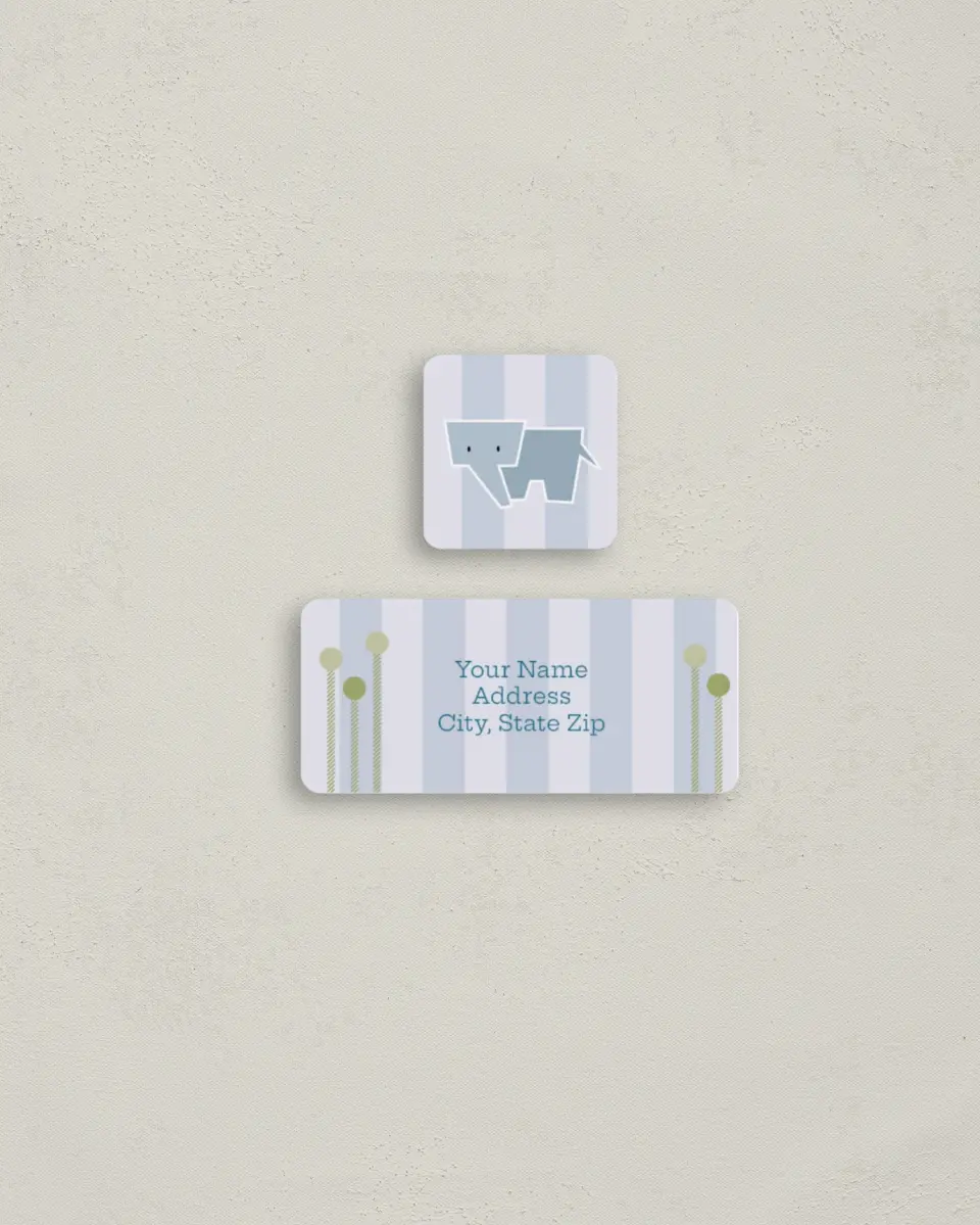This is a 2¼" x 1" Labels; 1" x 1" Seals Return Address Label called Elephant printed in full color
