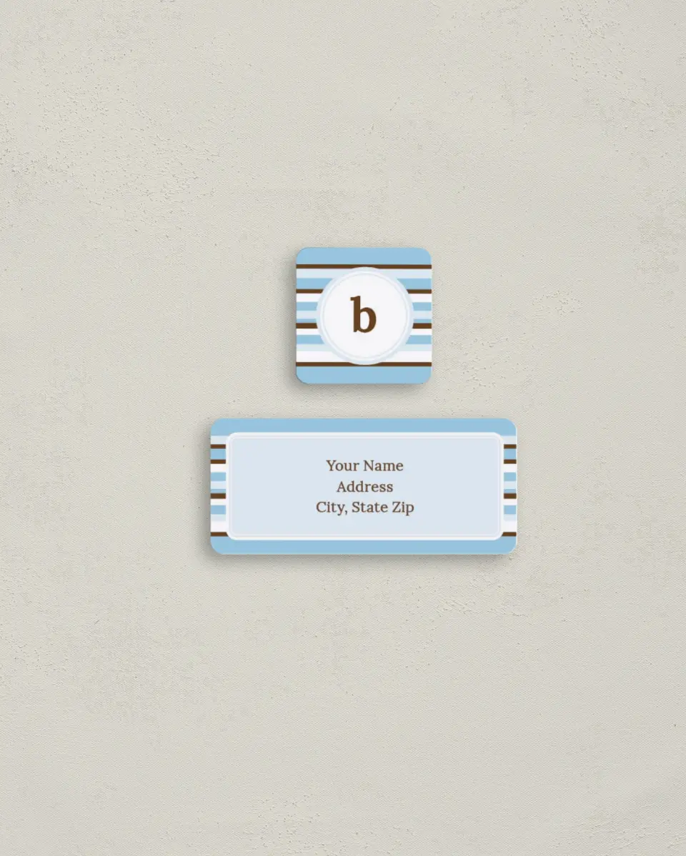This is a 2¼" x 1" Labels; 1" x 1" Seals Return Address Label called Striped Monogram printed in full color
