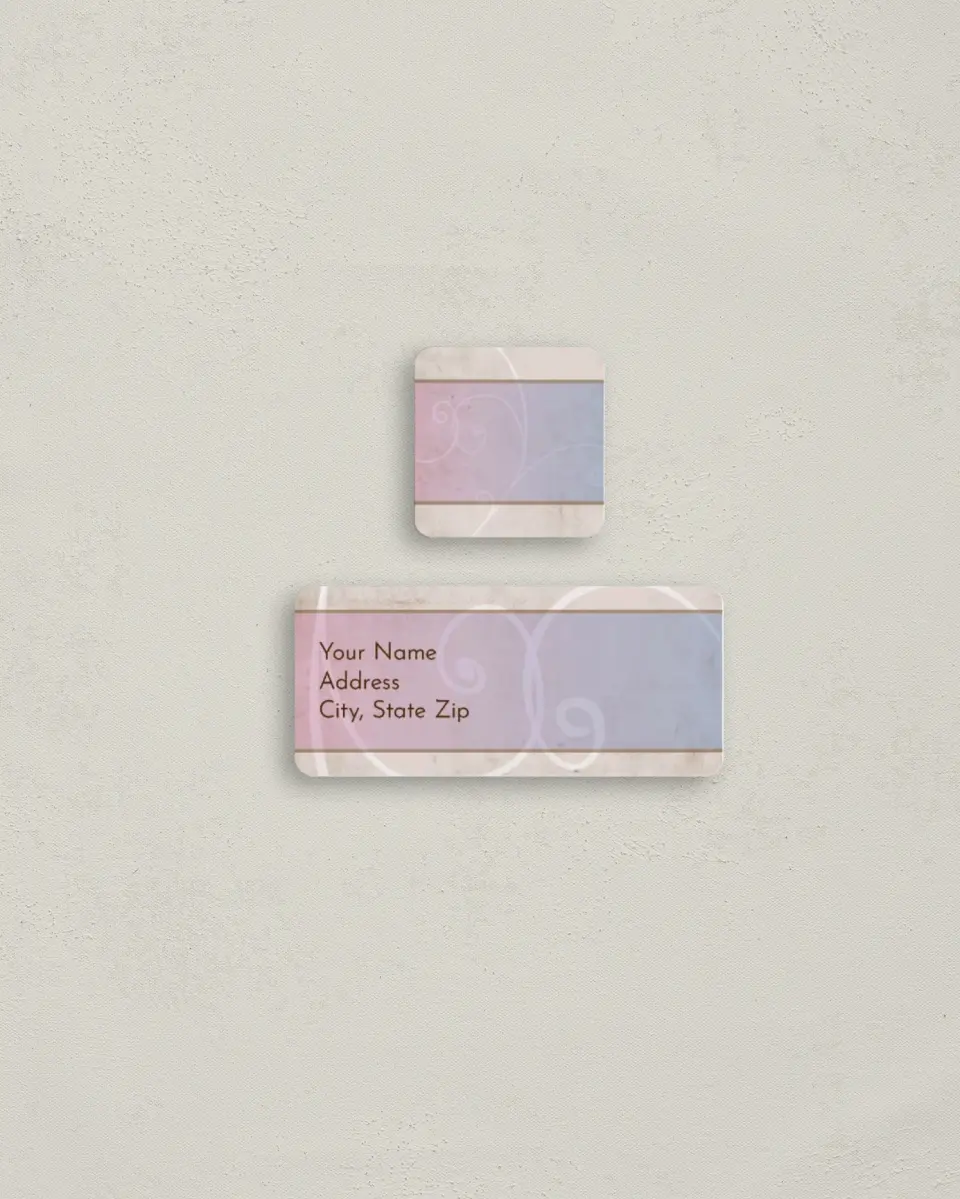 This is a 2¼" x 1" Labels; 1" x 1" Seals Return Address Label called Swirls printed in full color