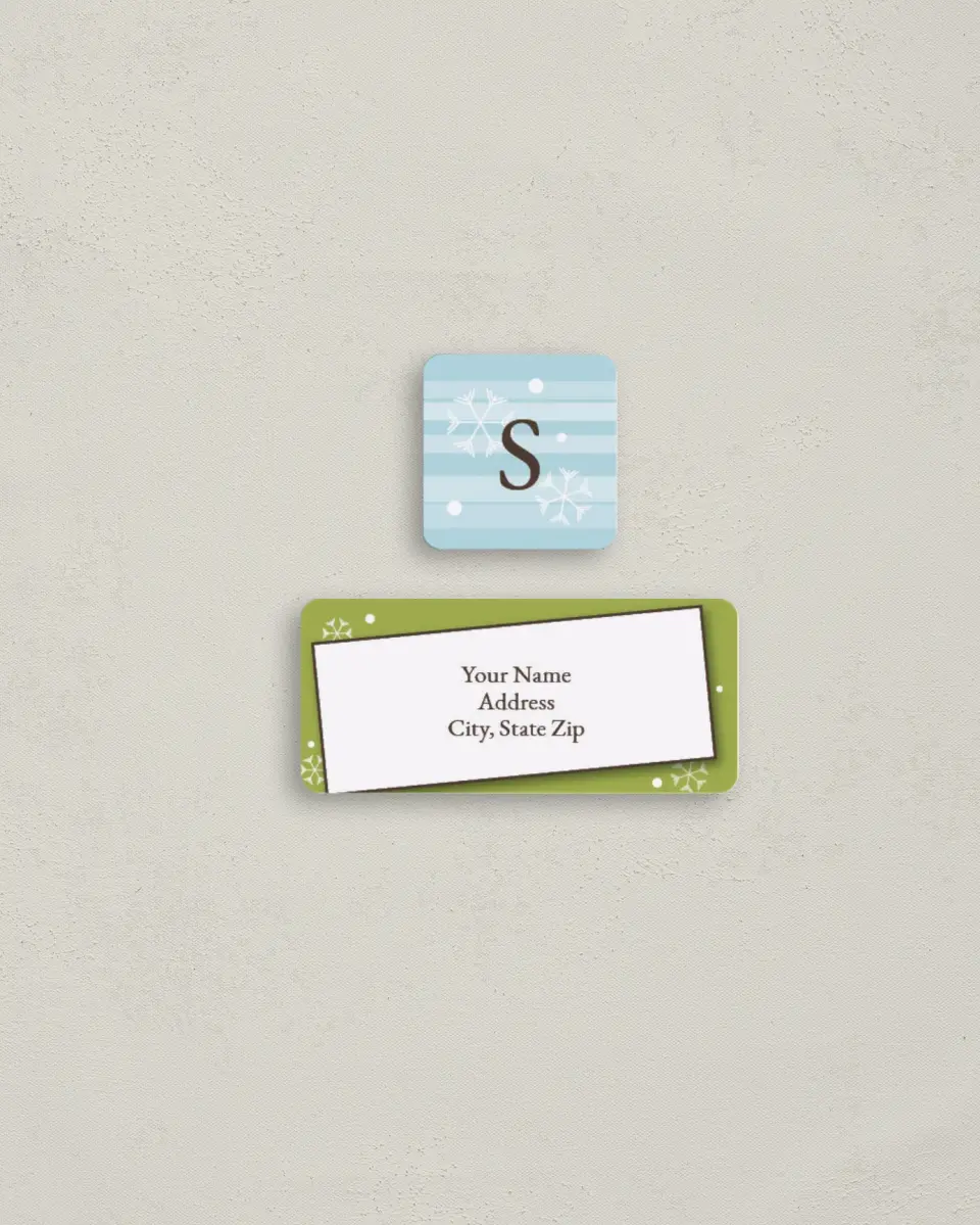 This is a 2¼" x 1" Labels; 1" x 1" Seals Return Address Label called Snowfall printed in full color