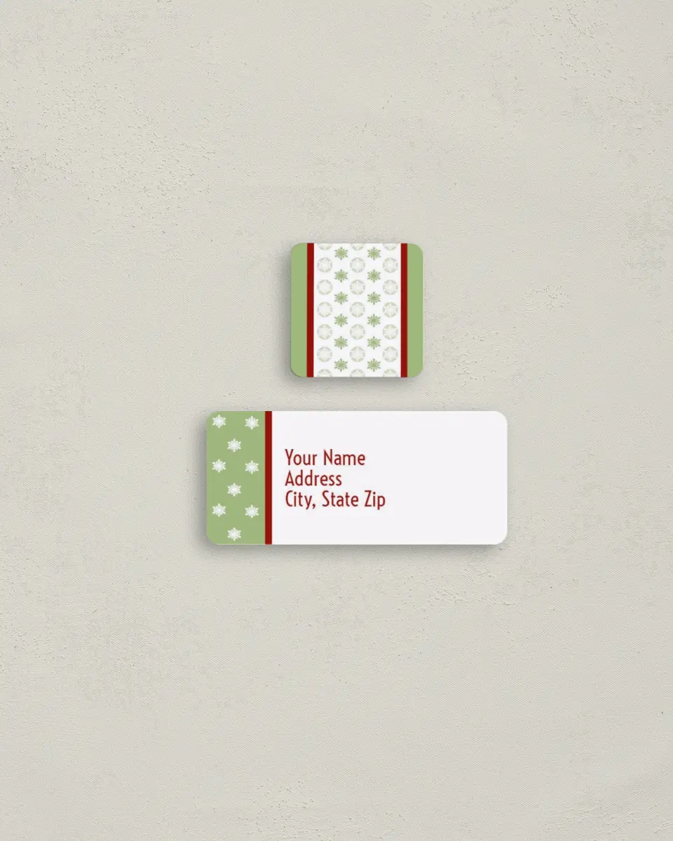 This is a 2¼" x 1" Labels; 1" x 1" Seals Return Address Label called Fluttering Snowflakes printed in full color