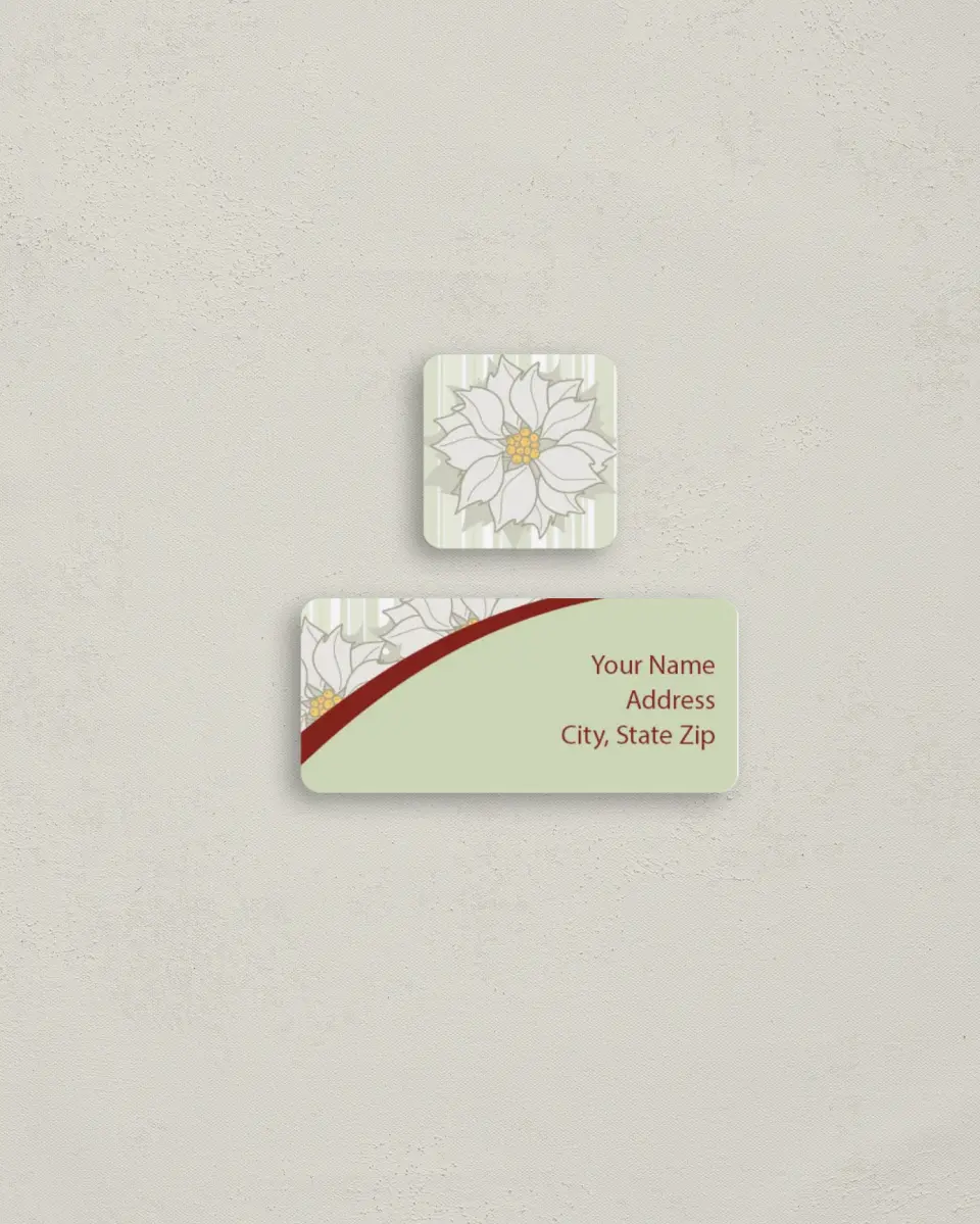 This is a 2¼" x 1" Labels; 1" x 1" Seals Return Address Label called Poinsettia Prints printed in full color