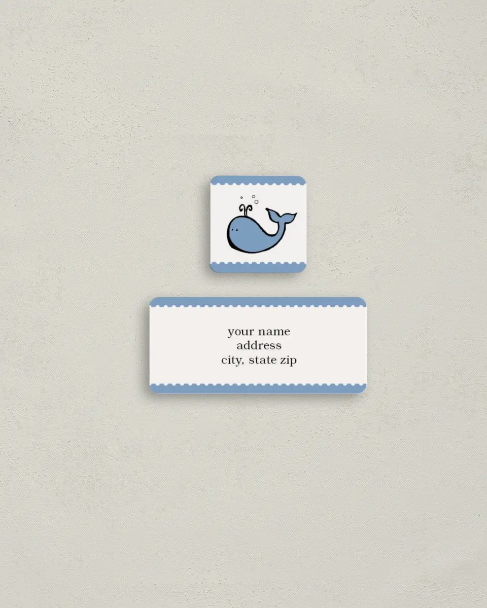 This is a 2¼" x 1" Labels; 1" x 1" Seals Return Address Label called Little Whales printed in full color