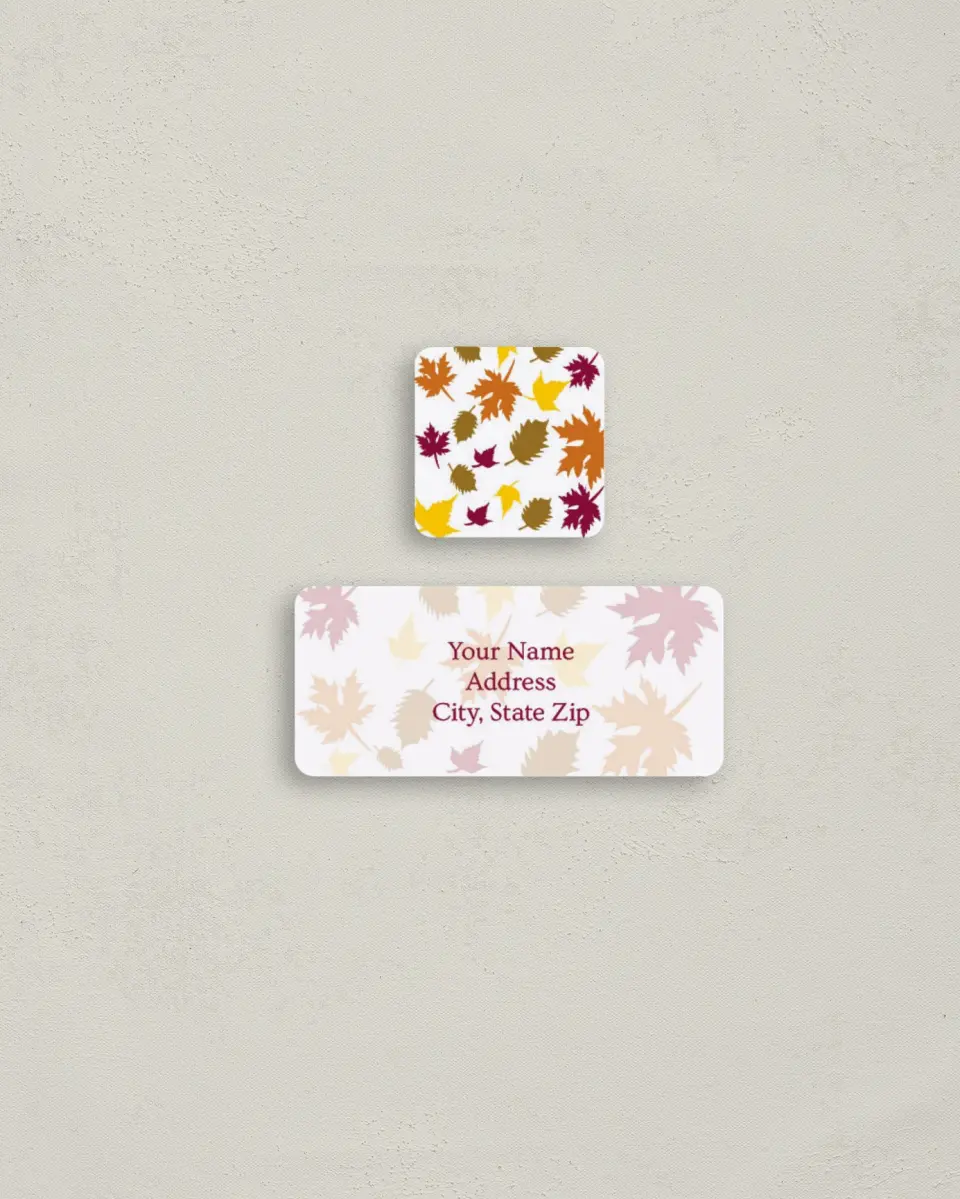 This is a 2¼" x 1" Labels; 1" x 1" Seals Return Address Label called Blowing Leaves printed in full color