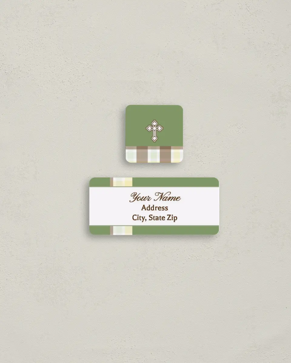 This is a 2¼" x 1" Labels; 1" x 1" Seals Return Address Label called Ornamental Cross printed in full color