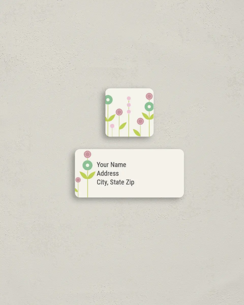 This is a 2¼" x 1" Labels; 1" x 1" Seals Return Address Label called Blossom printed in full color
