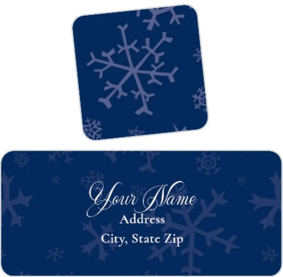 This is a 2¼" x 1" Labels; 1" x 1" Seals Return Address Label called Drifting Snowflakes printed in full color