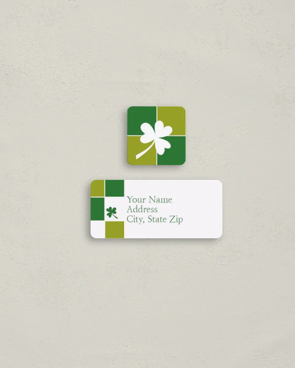 This is a 2¼" x 1" Labels; 1" x 1" Seals Return Address Label called Shamrock Blocks printed in full color