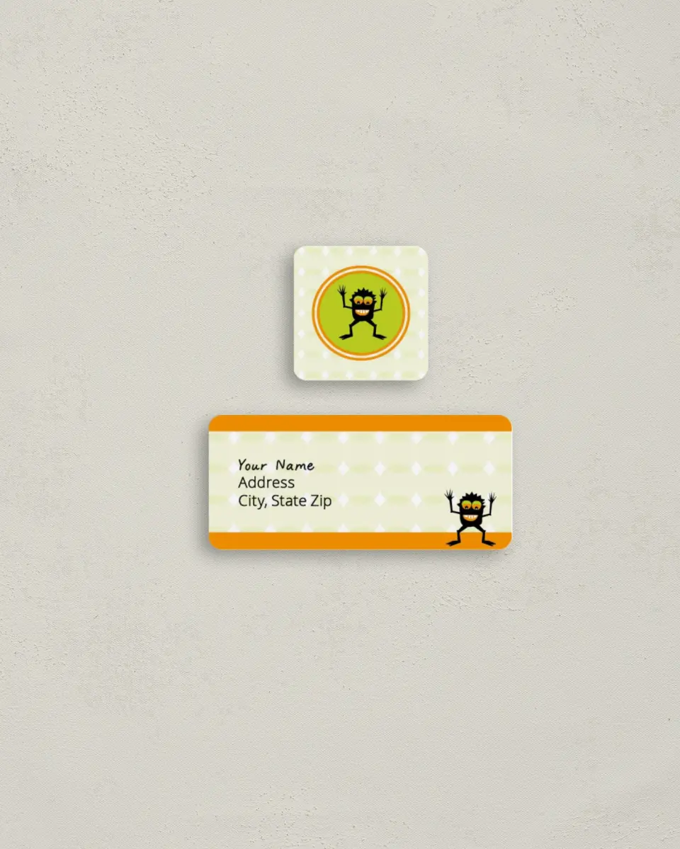 This is a 2¼" x 1" Labels; 1" x 1" Seals Return Address Label called Little Monster printed in full color