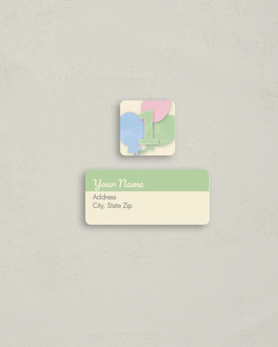 This is a 2¼" x 1" Labels; 1" x 1" Seals Birthday Party Invitation called First Birthday printed in full color