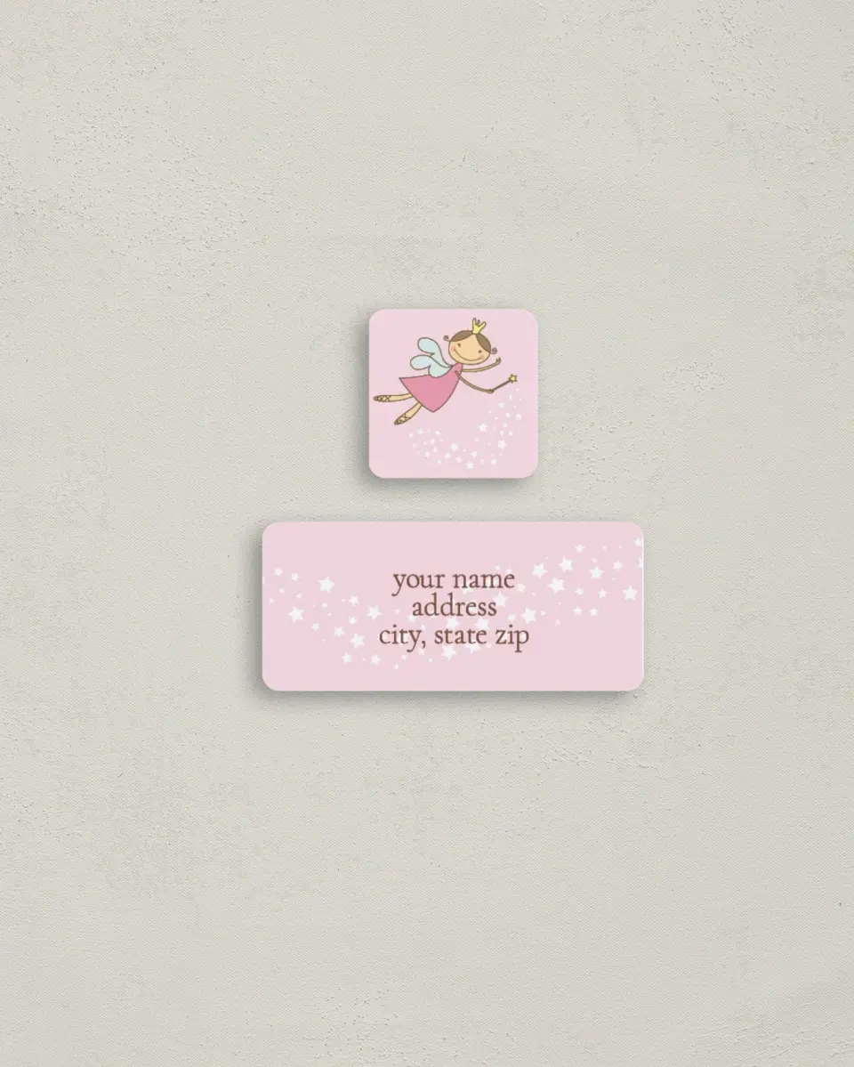 This is a 2¼" x 1" Labels; 1" x 1" Seals Return Address Label called Fairy Dust printed in full color