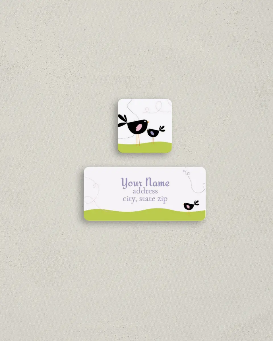 This is a 2¼" x 1" Labels; 1" x 1" Seals Birthday Party Invitation called Birthday Birds printed in full color