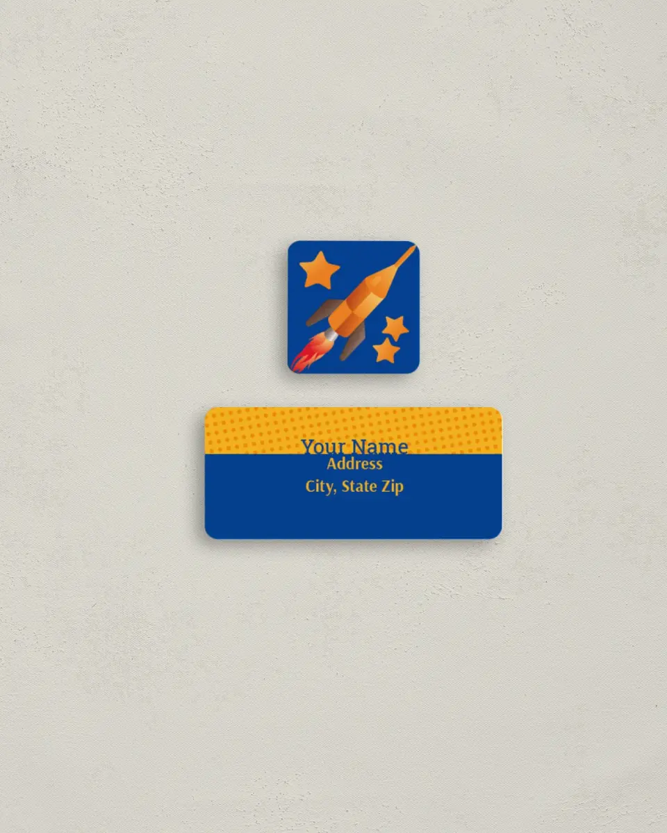 This is a 2¼" x 1" Labels; 1" x 1" Seals Return Address Label called Rockets printed in full color
