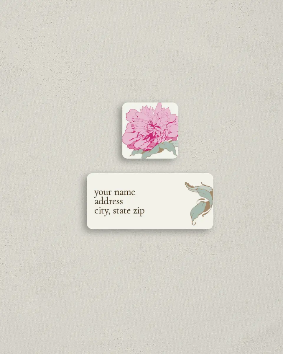 This is a 2¼" x 1" Labels; 1" x 1" Seals Return Address Label called Peony Petals printed in full color