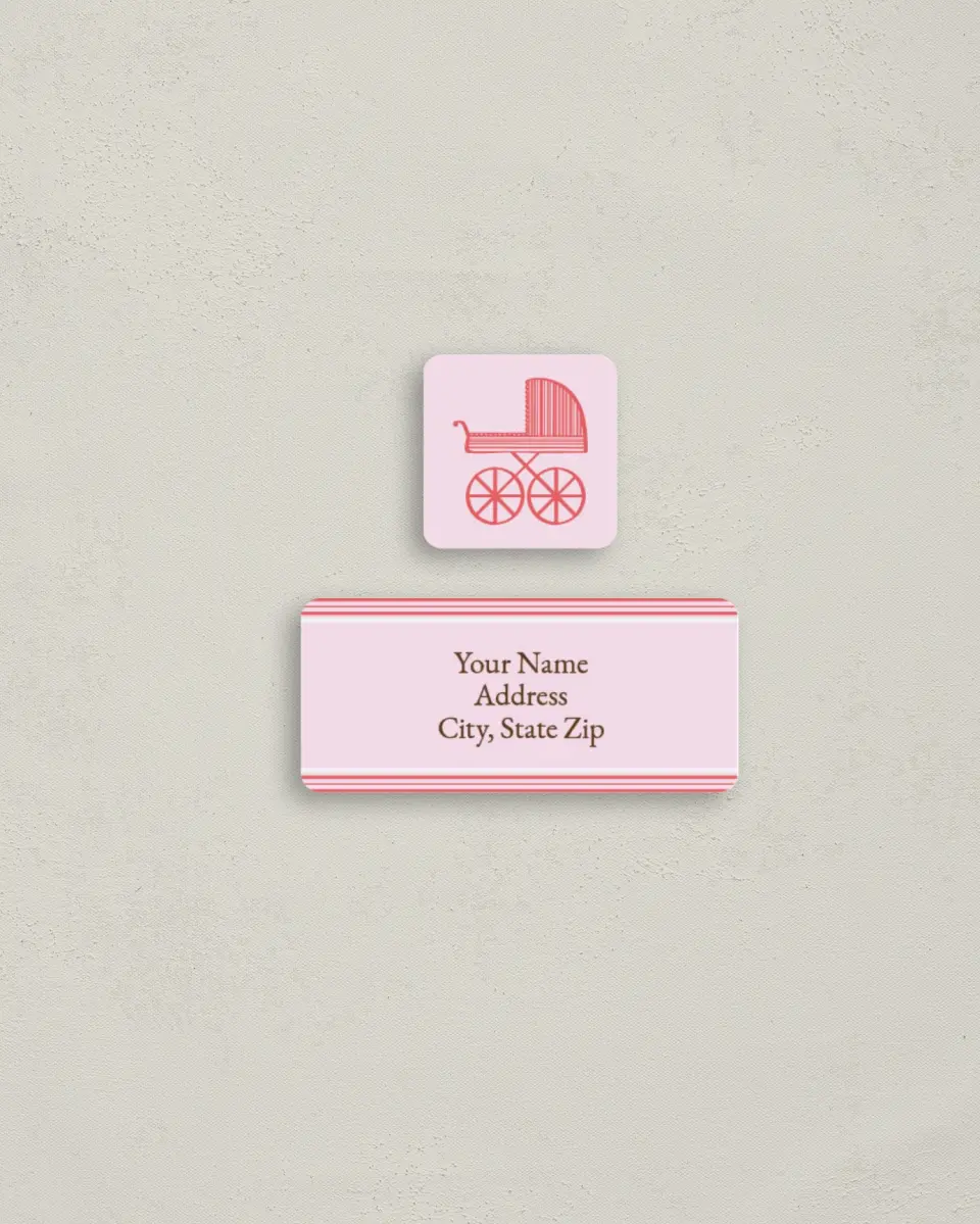 This is a 2¼" x 1" Labels; 1" x 1" Seals Return Address Label called Baby Buggy printed in full color