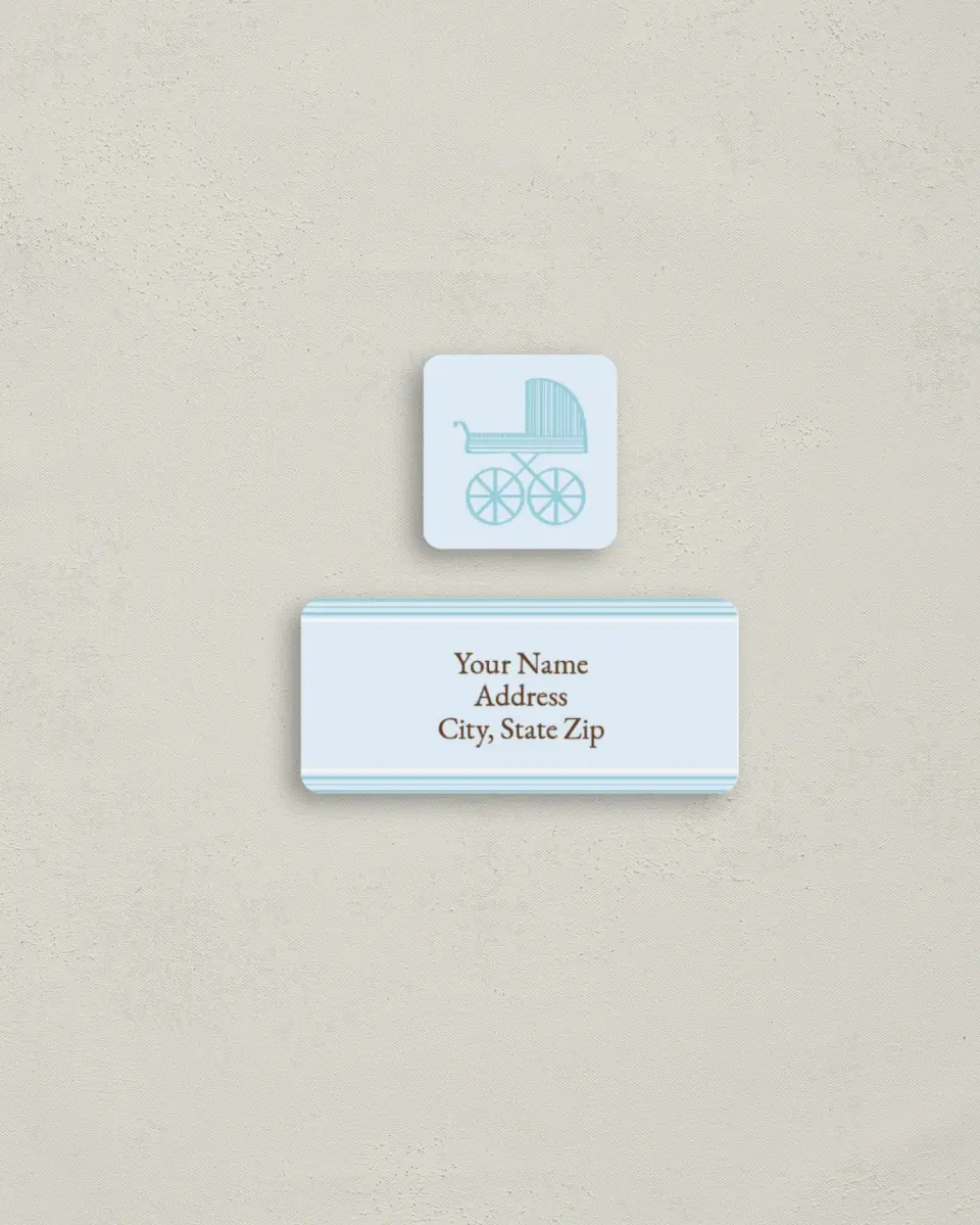 This is a 2¼" x 1" Labels; 1" x 1" Seals Return Address Label called Baby Buggy printed in full color