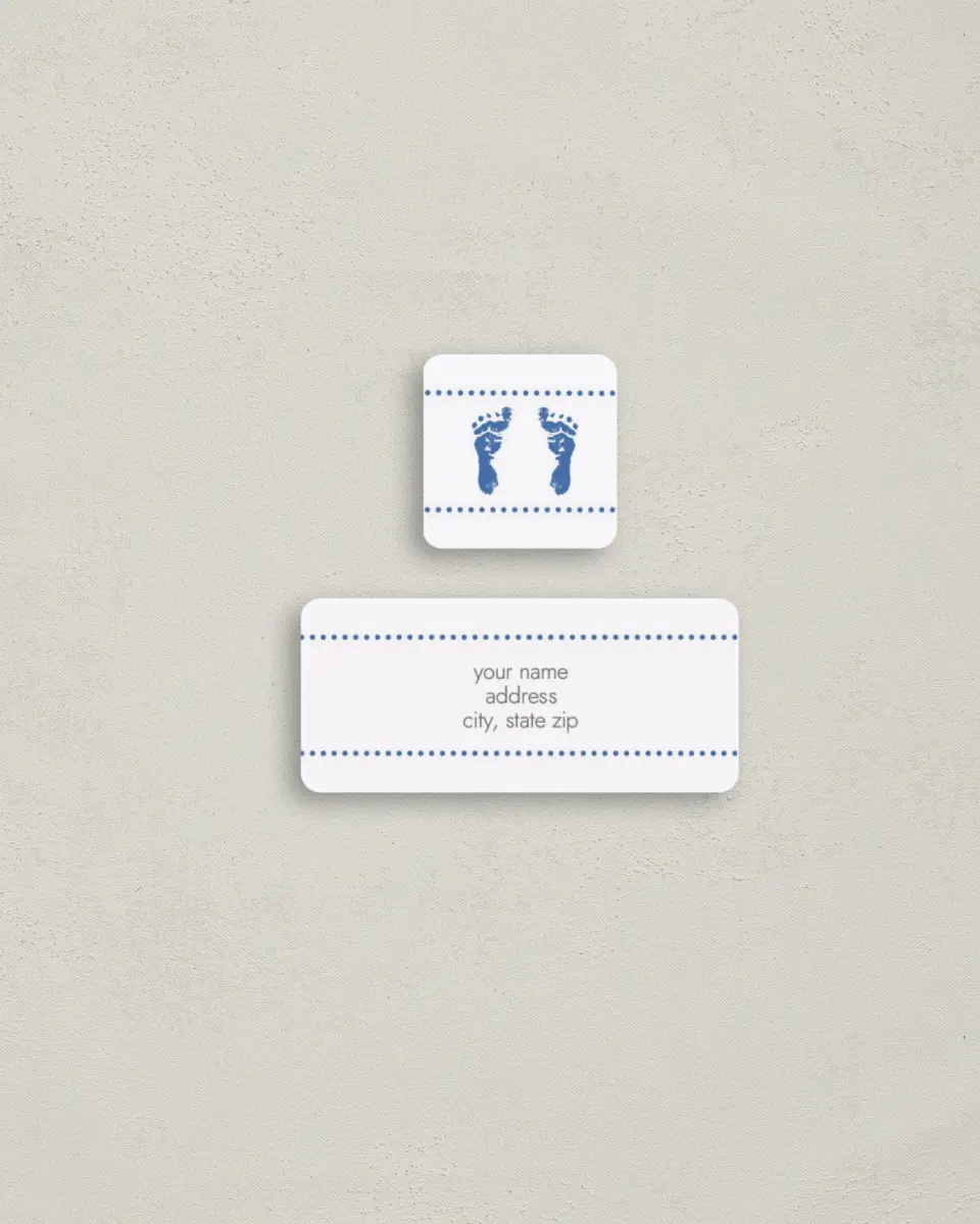 This is a 2¼" x 1" Labels; 1" x 1" Seals Return Address Label called Blue Tootsies printed in full color
