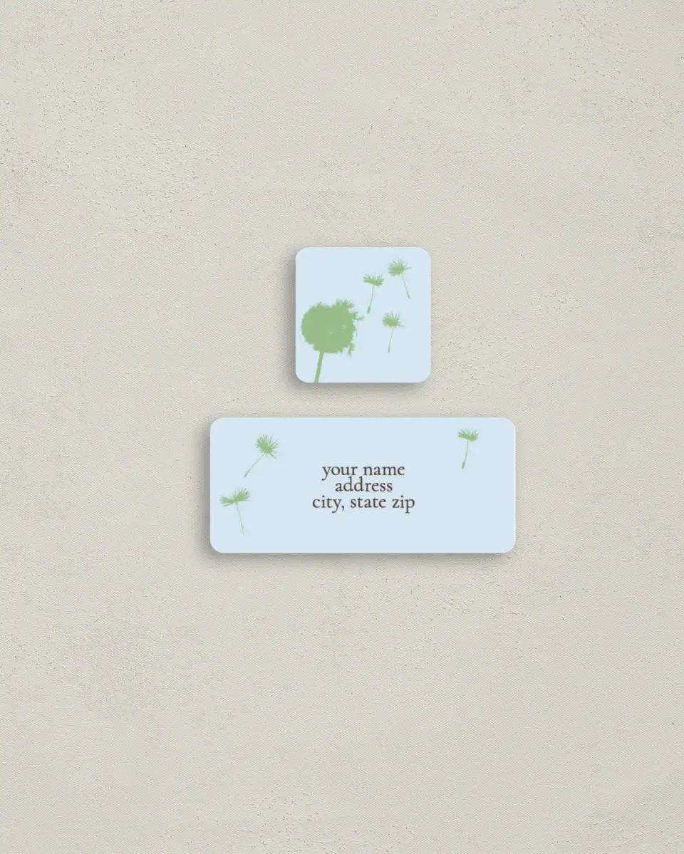 This is a 2¼" x 1" Labels; 1" x 1" Seals Return Address Label called Drifting Dandelion printed in full color