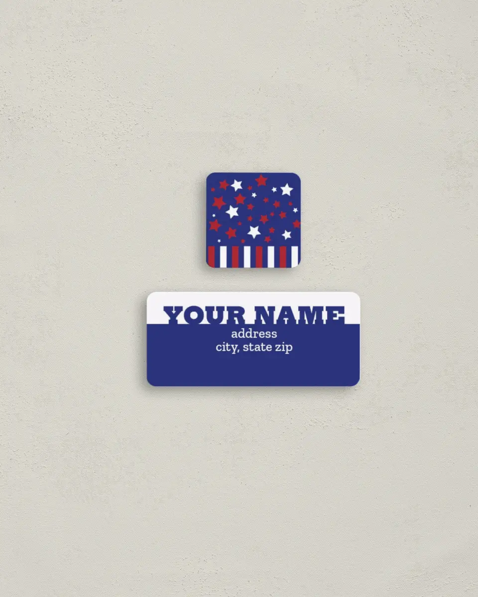 This is a 2¼" x 1" Labels; 1" x 1" Seals Return Address Label called Independence Day printed in full color